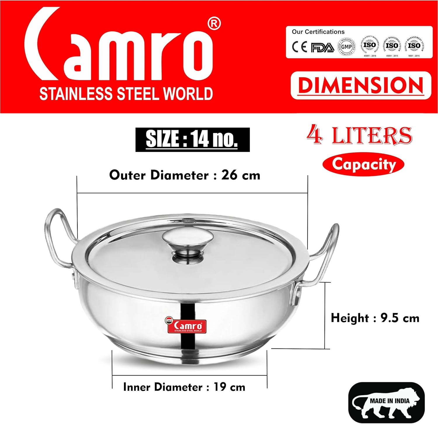 KADHAI Induction Bottom Stainless Steel with LID (3.4 litres) KADHAI Induction Bottom Stainless Steel with LID (3.4 litres)