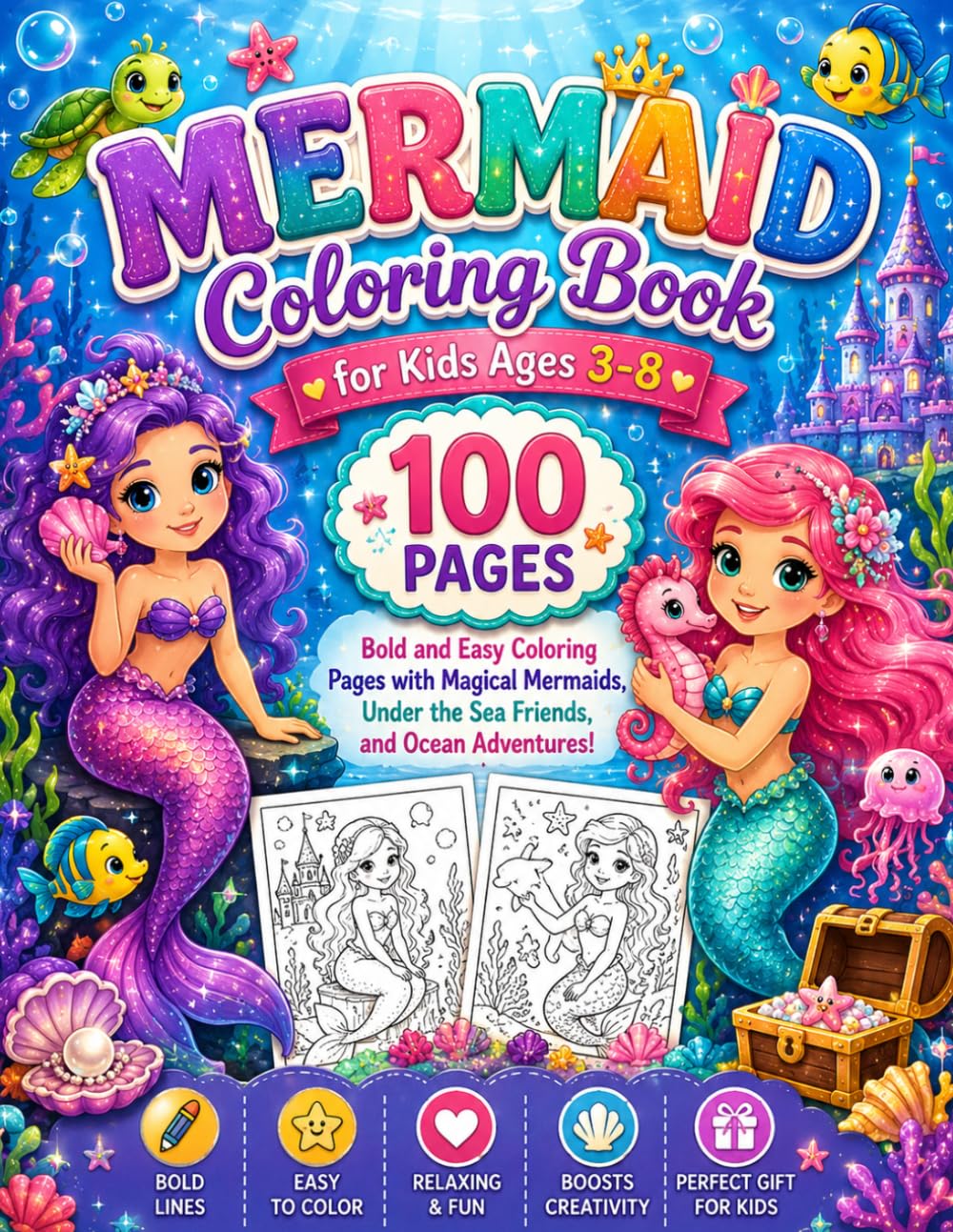 Cozy Cute Mermaids Coloring Book: 100 Bold and Easy Coloring Pages Featuring Ocean Princesses, Sea Friends, Treasure Chests, Coral Reefs, and Magical Underwater Adventures