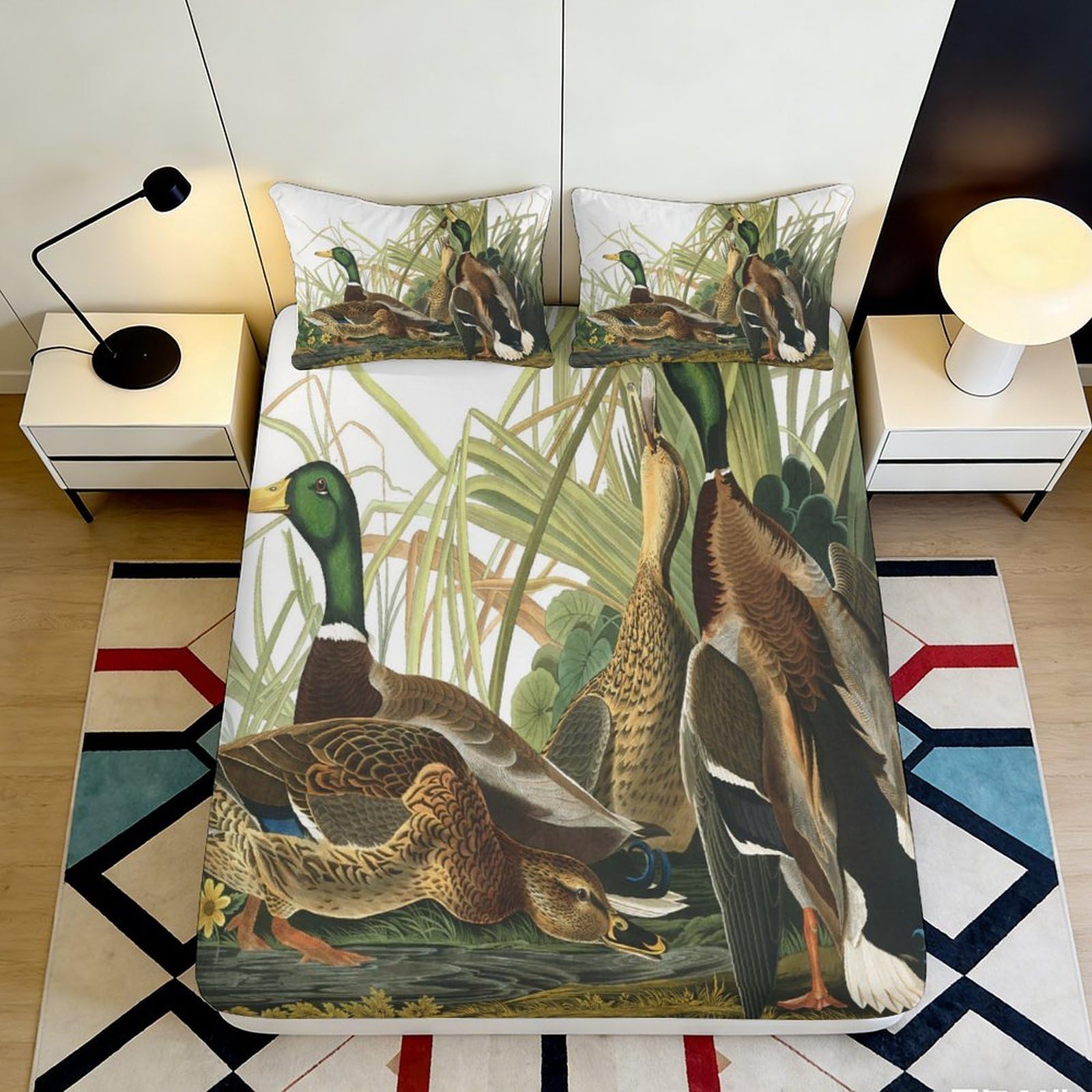 3D Printed Mallard Duck Fitted Sheet Microfiber Soft Anti-Slip Waterfowl Mattress Cover for Bedroom Dorm Decor 90x200x25cm
