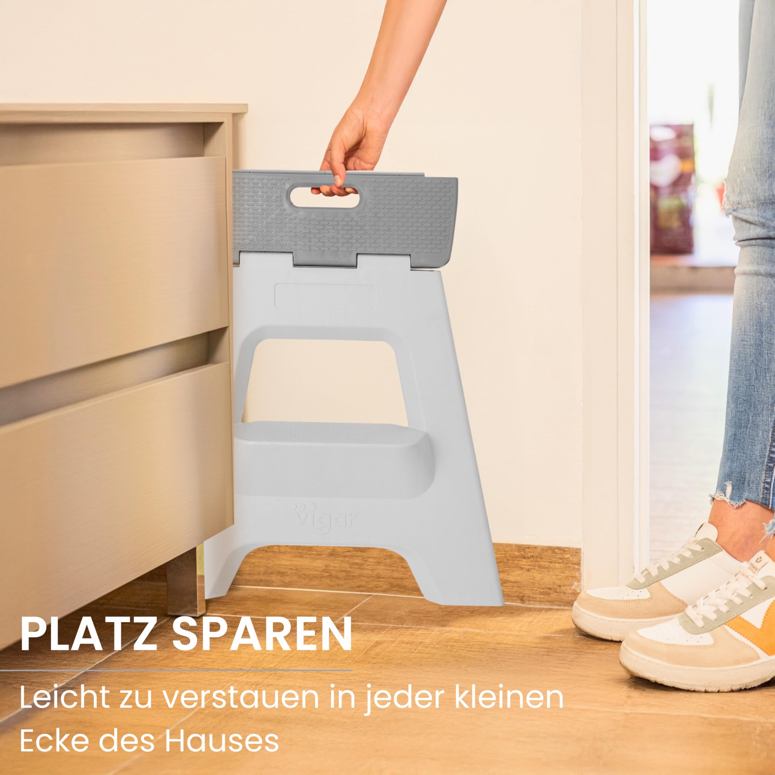 Vigar Kompakte Tritthocker Klappbar für Erwachsene, 40 cm, 2‑Schritt, Klapphocker Faltbar 150 kg rutschfest, Leicht, Hocker Klappbar für Zuhause, Bad, Schlafzimmer, Büro, Grau