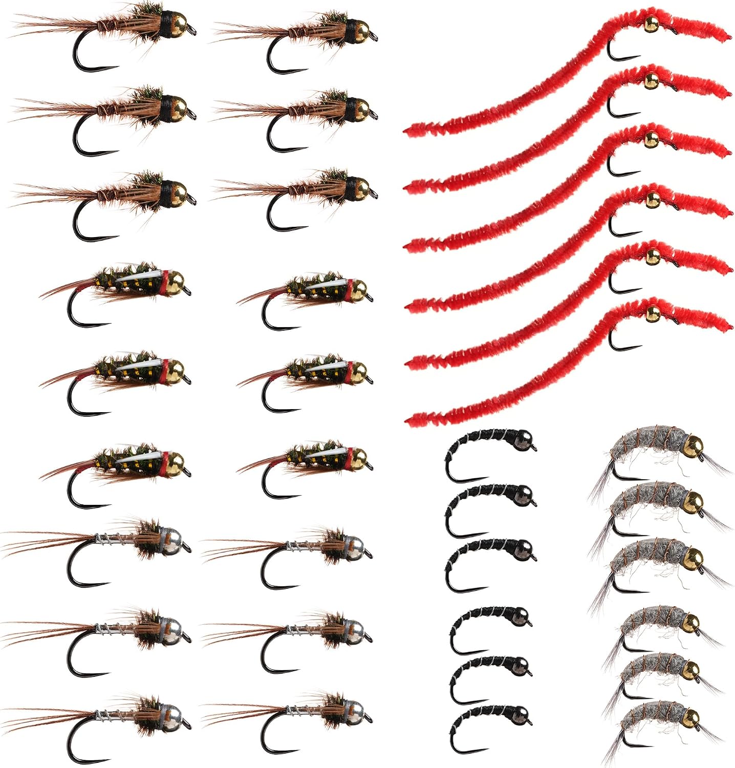 36 Hand Tied Fly Fishing Flies Assortment, 6 Patterns, Available in Dry Flies or Nymphs, Trout & Bass Fishing Flies, Size 12-18, Includes Fly Box