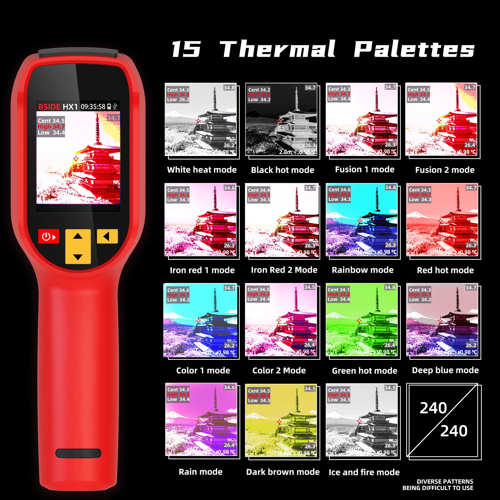 BSIDE termocamera 240 × 240 risoluzione 15 tavolozze di colori 25 Hz telecamera termica a infrarossi da -4°F a 1022°F ricaricabile con puntatore laser 50°FOV