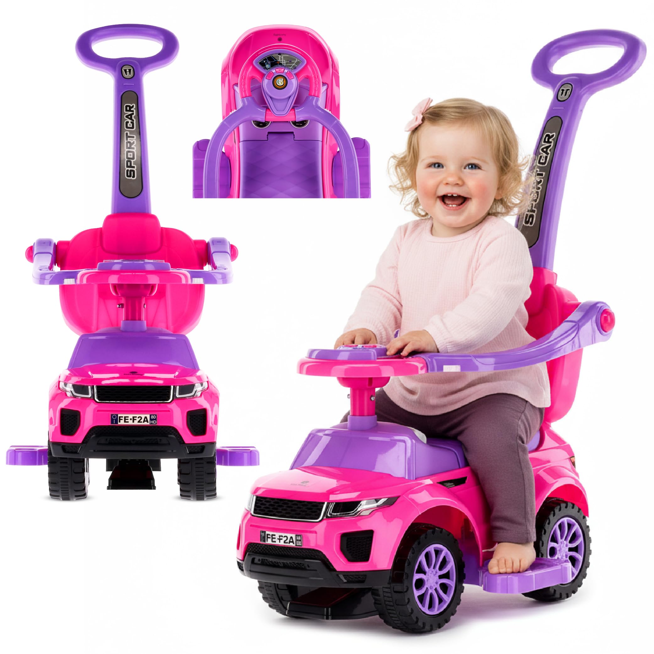 Coche tobogán para niños 4en1, a Partir de 1 años, Coche empujador con claxon y música, Espacio para Guardar Cosas Debajo del Asiento (Rosa)