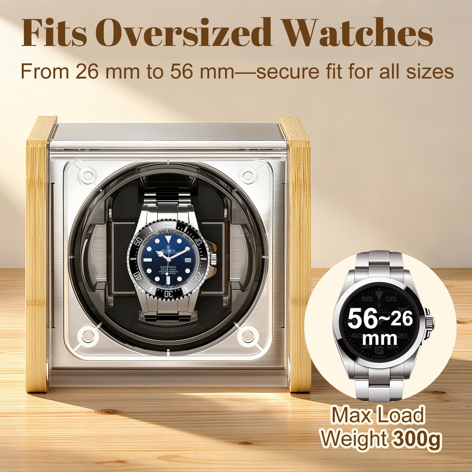 Watch Winder Smith Bambus Single Automatik Uhrenbeweger Box - Leiser Motor, 4 Rotationsmodi, passt übergroße Uhren, Geschenk für Herren und Damen Uhren