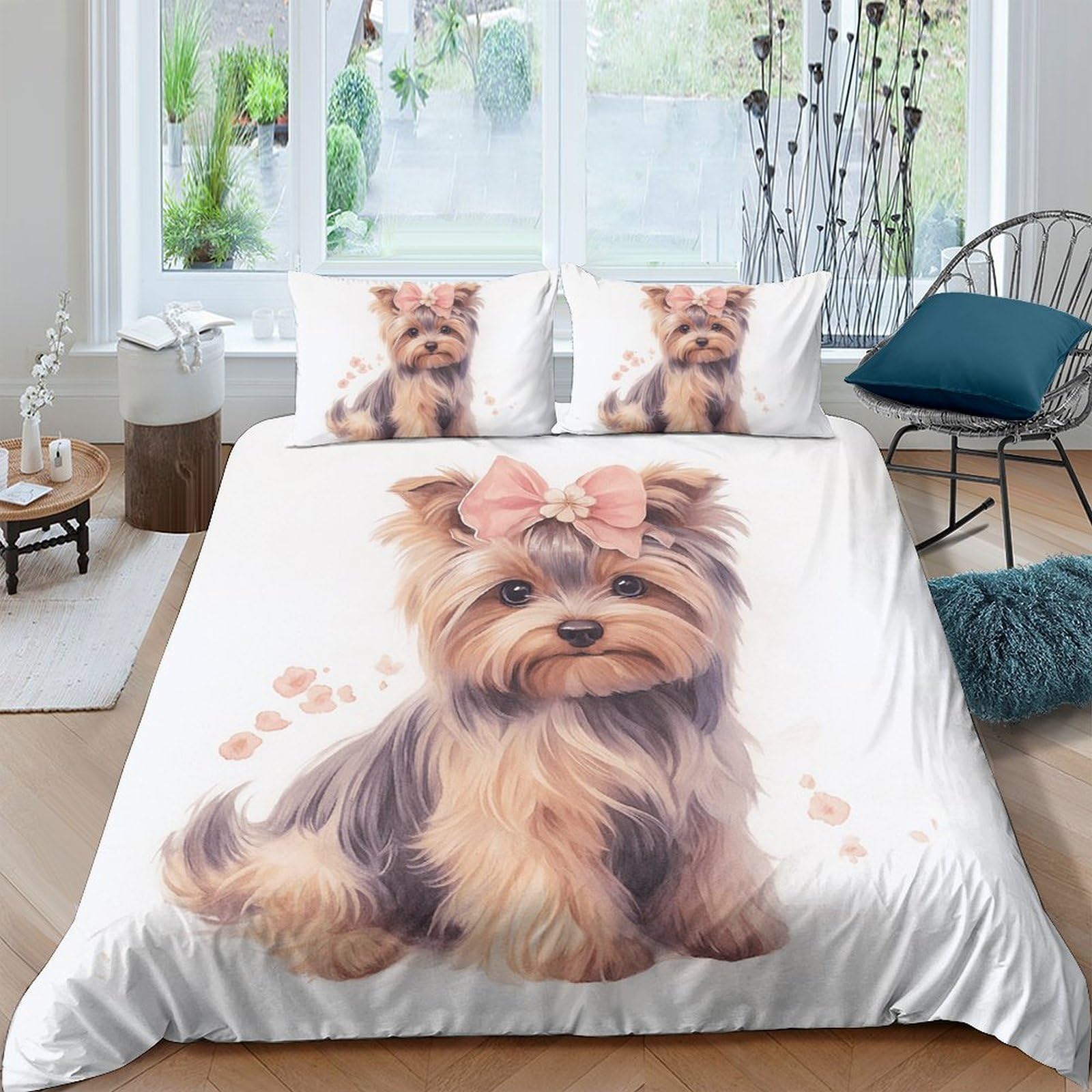 TUFRTGYHN 3D Printed Cute Yorkshire Terrier Duvet Cover Microfiber Soft Breathable Bow Dog Bedding Set with 2 Pillowcases for Bedroom Decor Single（135x200cm）