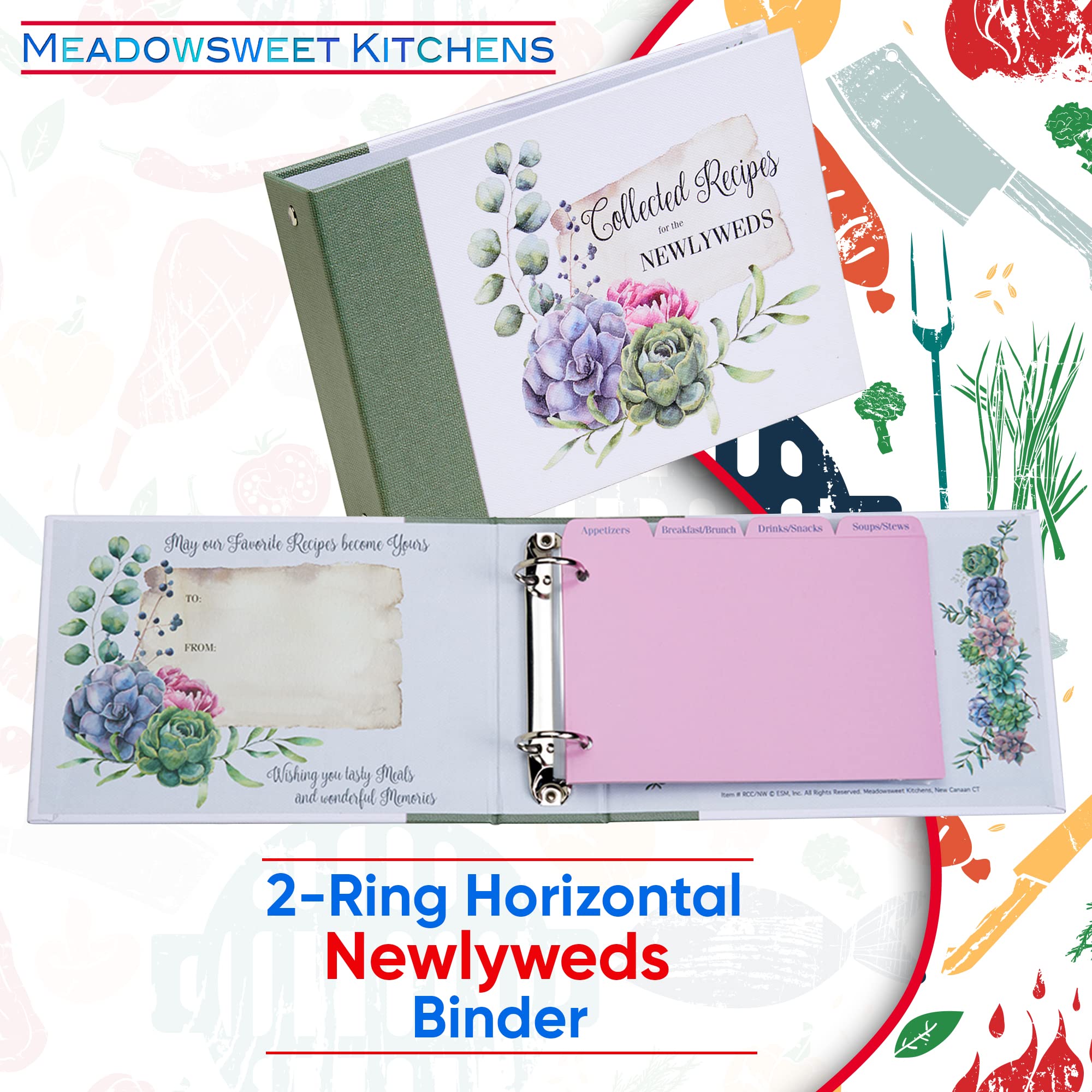 Meadowsweet Kitchens Newlyweds - Raccoglitore a 2 anelli per ricettario, con 50 buste trasparenti e 12 divisori per carte di auguri, per sposi novelli, 50 buste trasparenti per carte e 12 divisori per