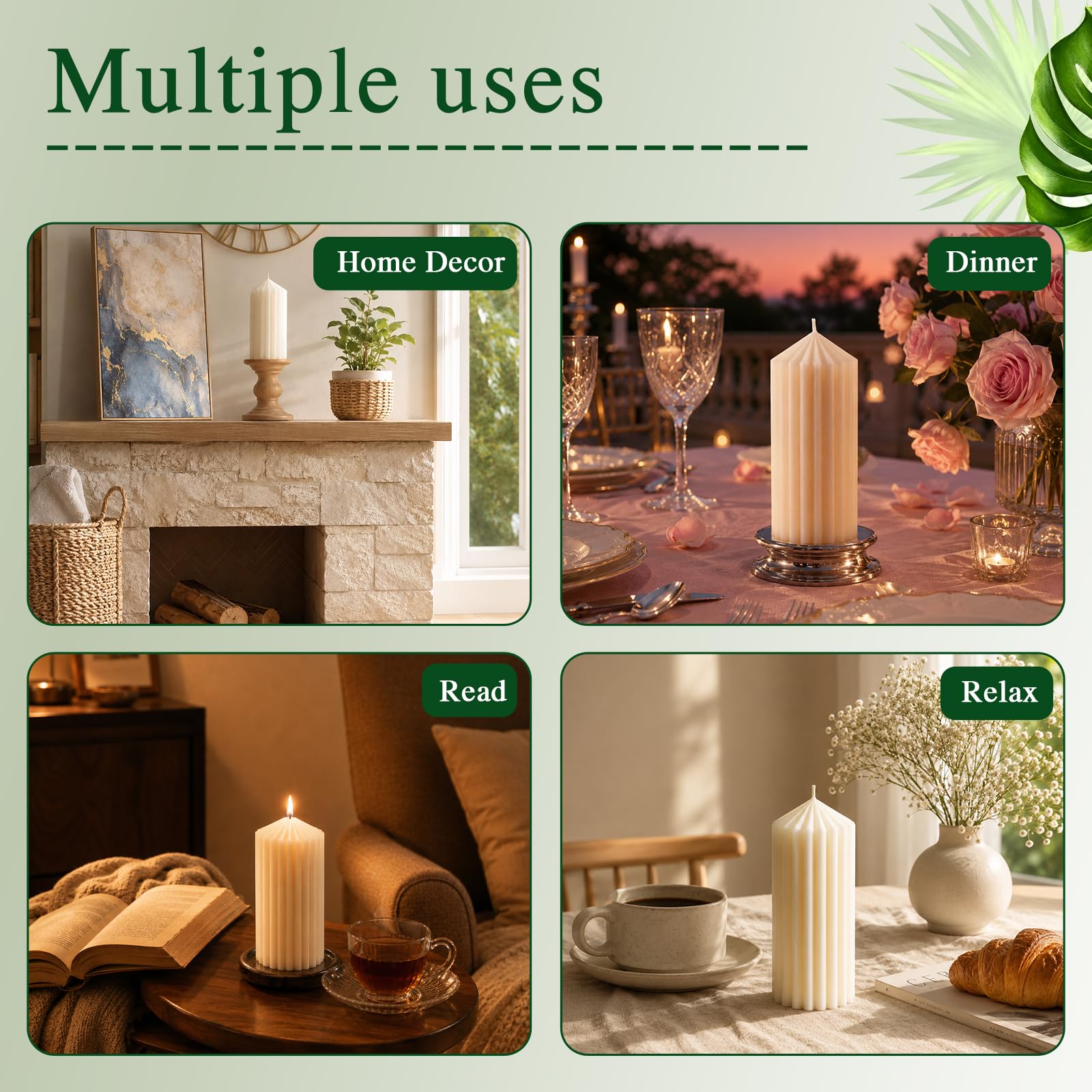 6 velas de cera de soja, cada una de 60 horas de combustión, velas acanaladas de cera de soja 100% pura natural, velas de pilar no tóxicas de larga combustión para el hogar, boda, iglesia