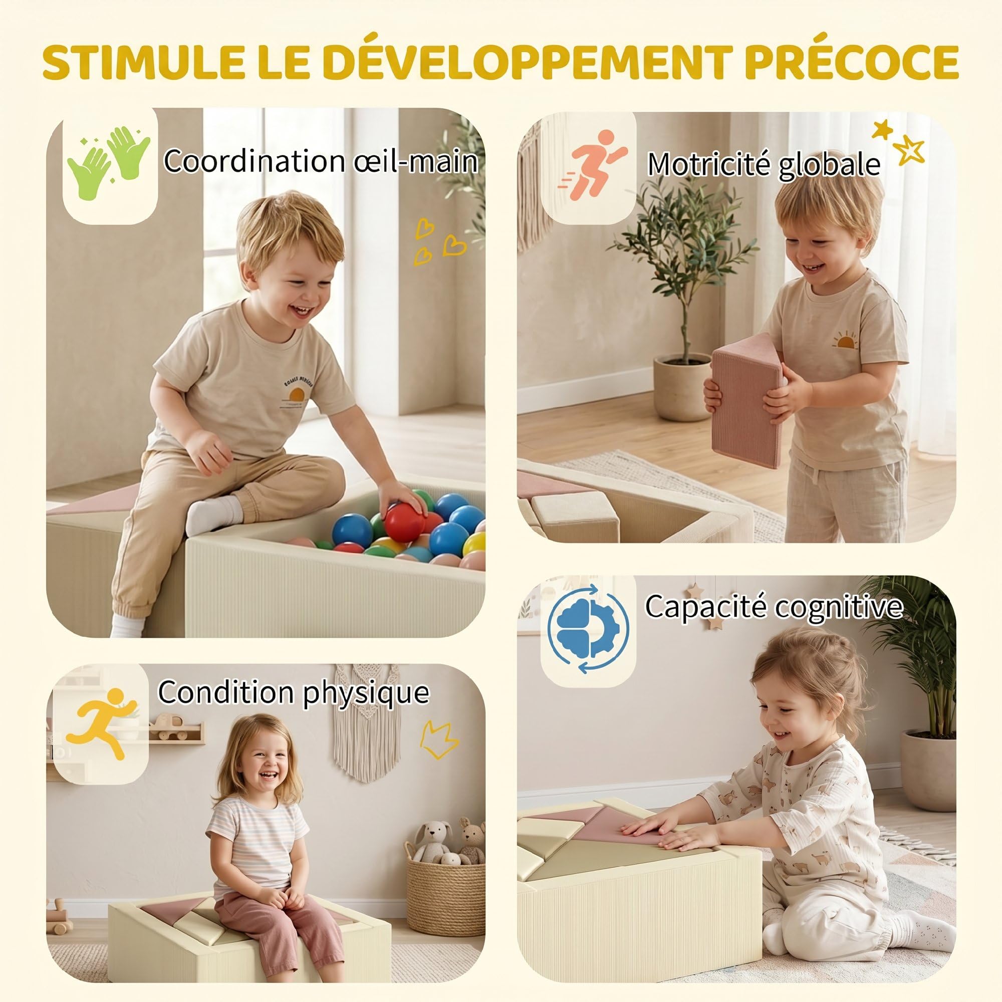 AIYAPLAY Parcours motricité bébé 9PCS avec Piscine à balles, Module en Mousse Souple avec Housse en Velours côtelé, Blocs de Construction éducatifs pour Enfants d'âge préscolaire, Multicolore