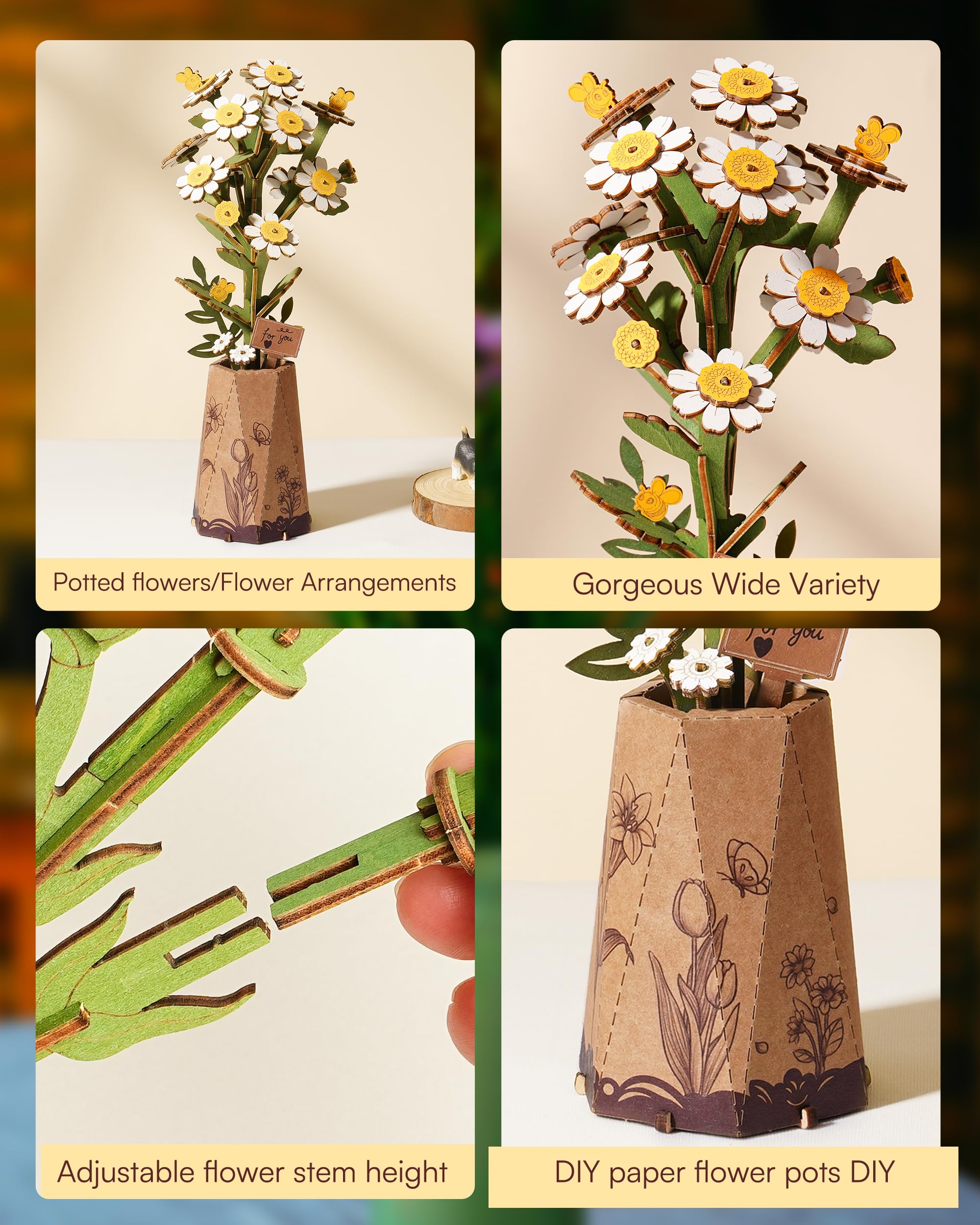 ROBOTIME 3D Puzzle Chamomile, Wooden Artificial Flowers Model Kits for Adults to Build Home Decor Accessories Living Room - Image 4
