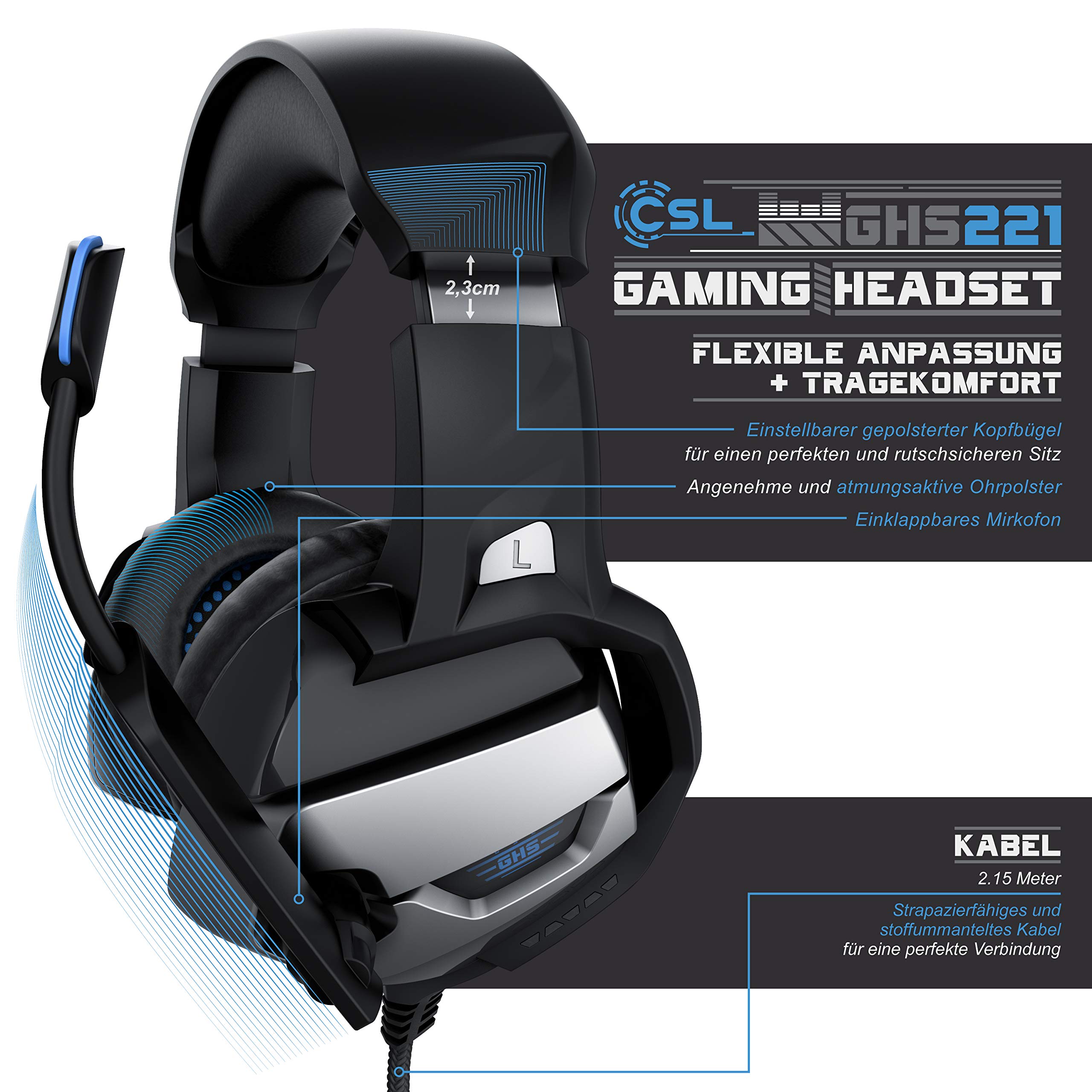 CSL - PS4 PS5 Headset - Gaming Headset Klinke mit Mikrofon - Klinkenanschluss - LED Beleuchtung - Gaming Kopfhörer für PC PS4 PS4 Pro PS5 Xbox One Xbox One S