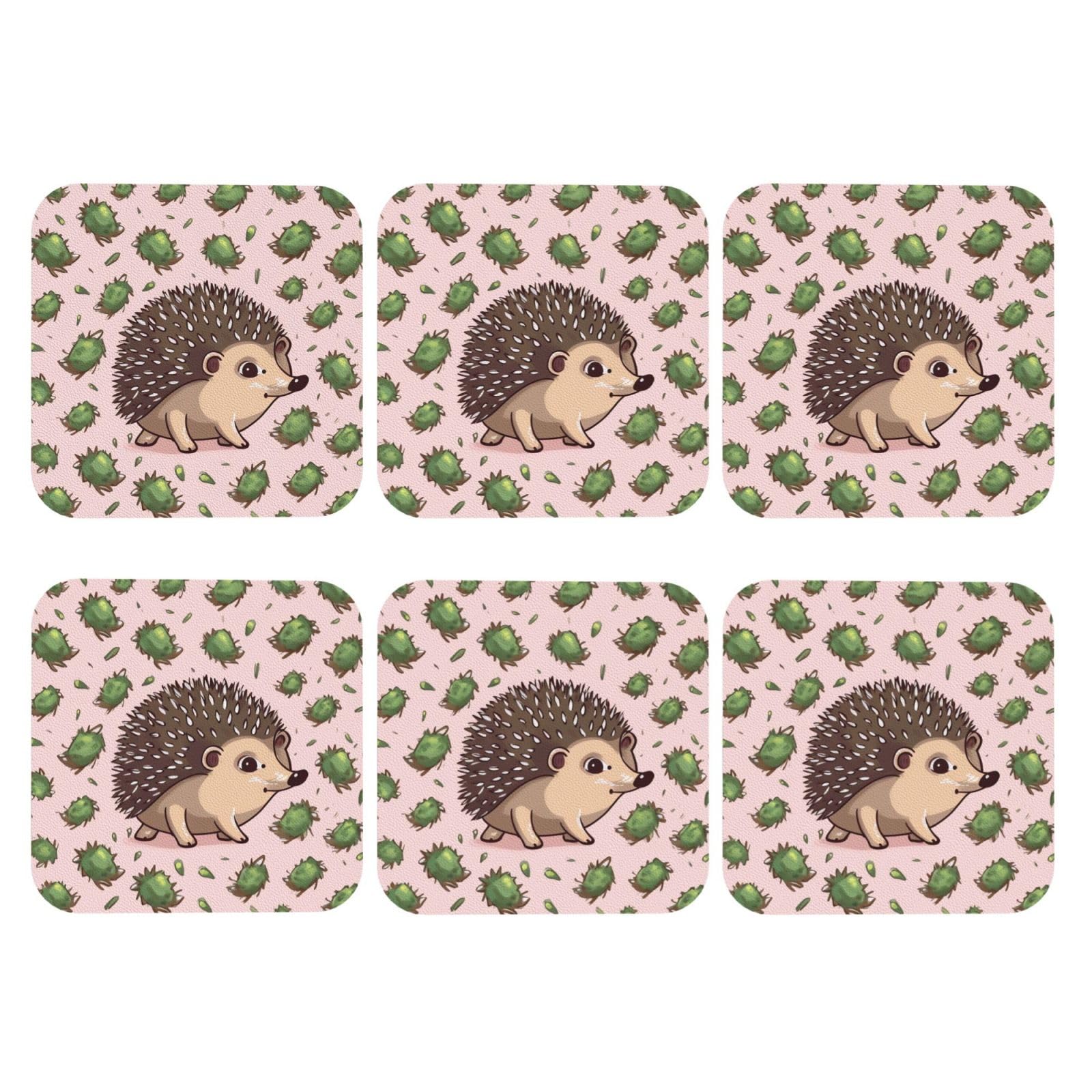 6pcs Leather Coasters for Drinks, Cartoon Hedgehog Drink Coasters for Tabletop Protection, 4" Cup Coasters for Coffee Table Decor, Non-Slip Drinking Cup Mat for Hot Or Cold Drink