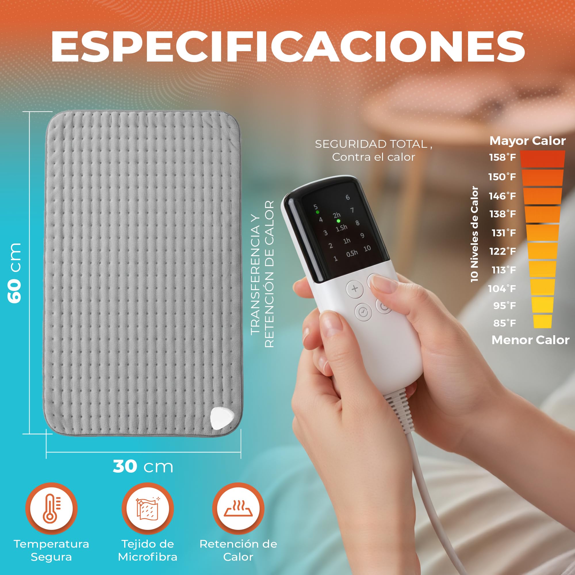 SUPER Manta Electrica PREMIUM Con 10 Modos de Temperatura + Bolsa De Transporte REGALO | Almohadilla Electrica Lumbar | Esterilla para Espalda y Cuello | Manta Termica Para Dolor y Colico