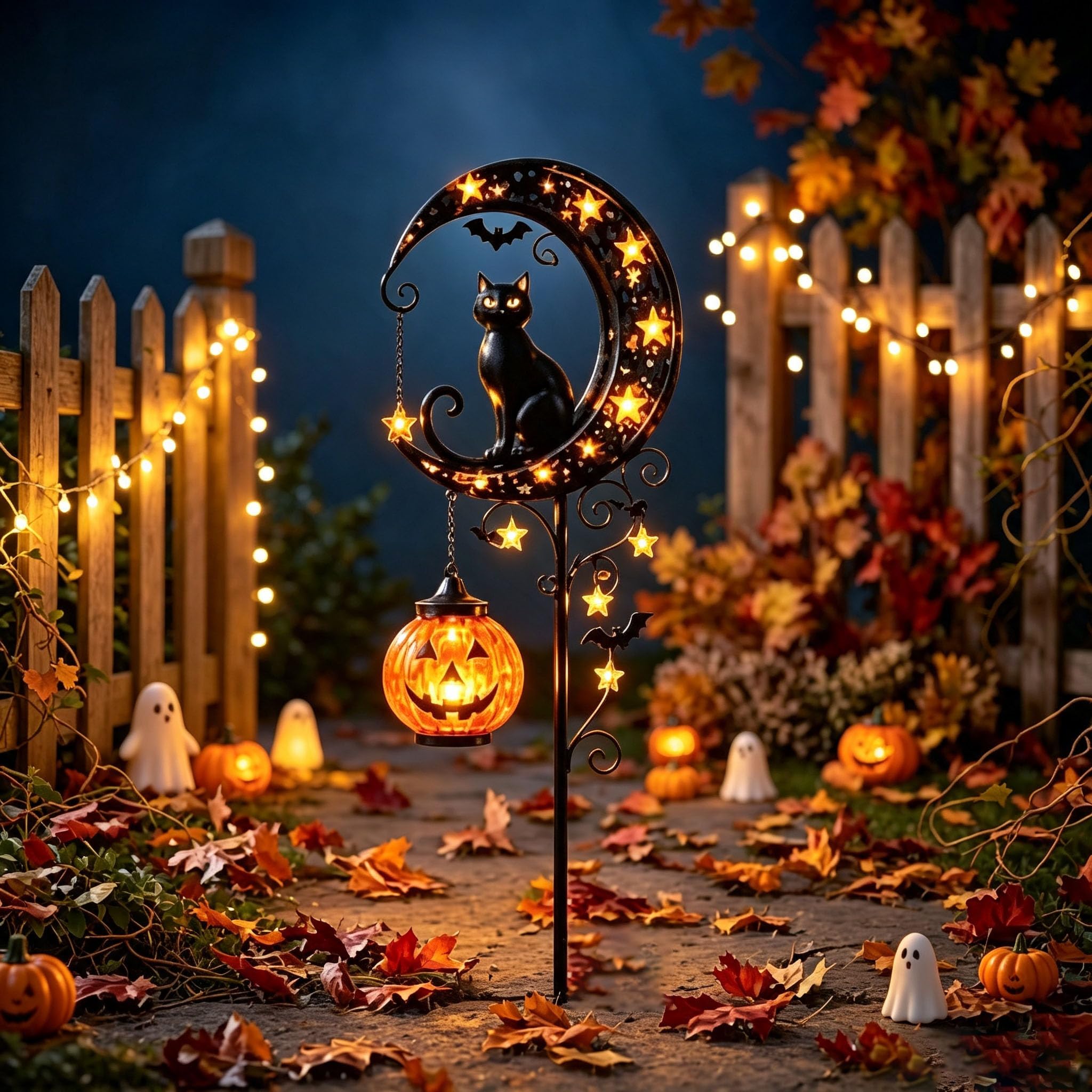 Jmwub 2026 New Solar Halloween Black Cat & Pumpkin Moon Garden Stake Light, outdoor halloween decorations, Hanging Pumpkin Lantern, Outdoor Decor for Yard Pathway Patio (C)