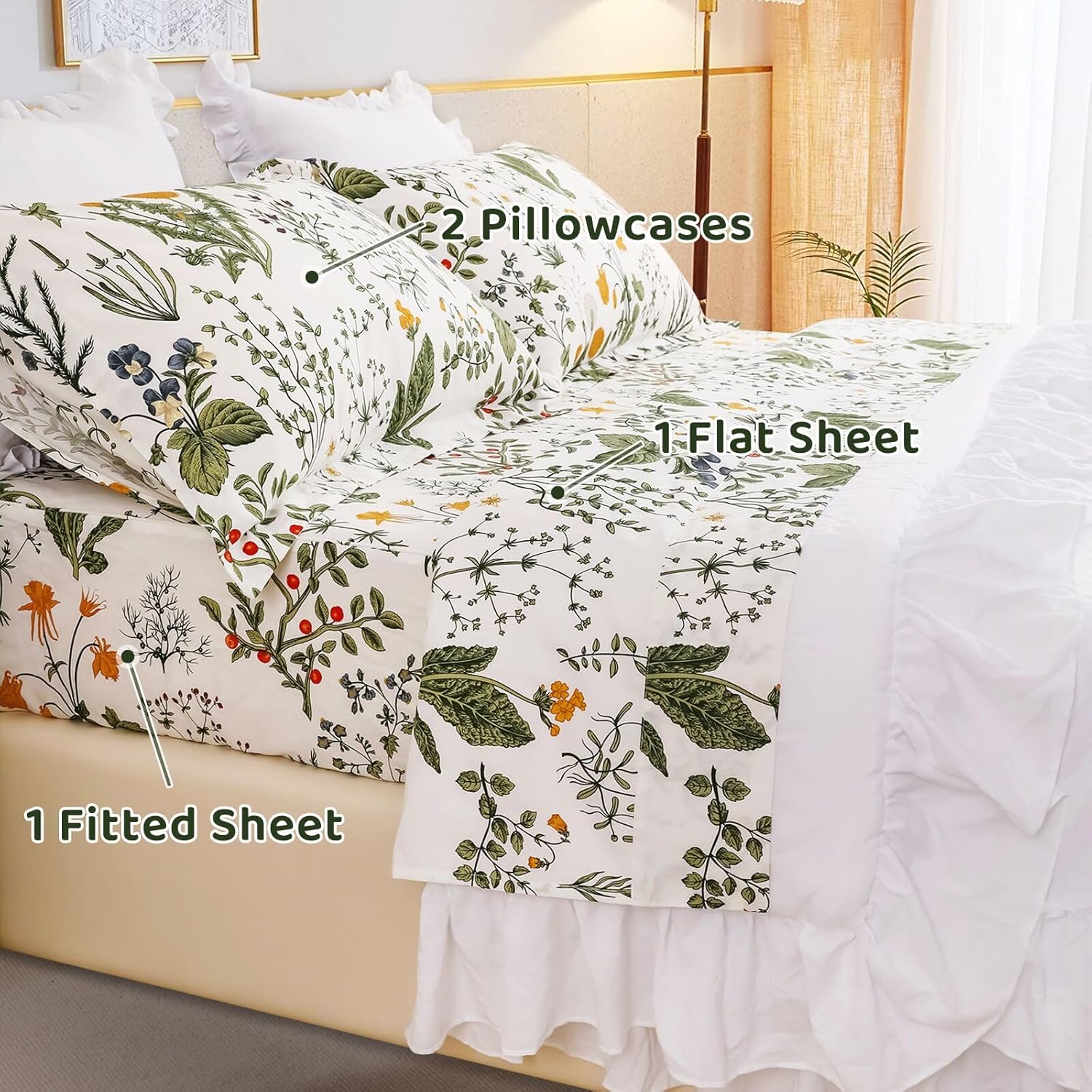 QSH 100% Cotton Sheets for King Size Bed, Yellow Flowers Plant Pattern Botanical Luxury Cotton Printed Floral Bedding King Size Sheet with Deep Pockets 17" Soft and Breathable 4pcs