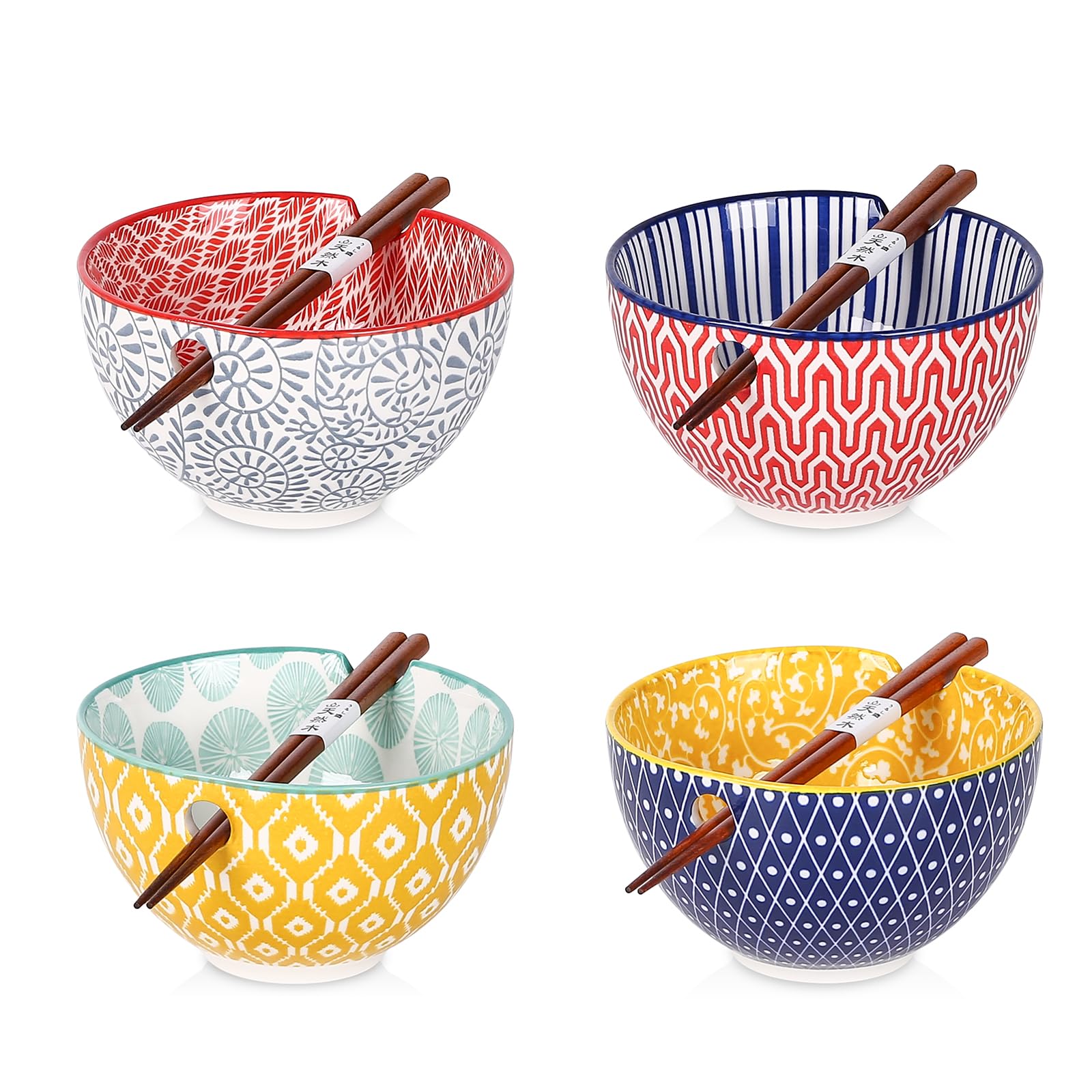 Ceramic Ramen Bowls Set, 15 OZ Noodle Bowls for Kitchen with Chopsticks, Deep Soup Bowls for Japanese Ramen Udon Soba, Microwave Dishwasher Safe, Set of 4, Assorted Colors