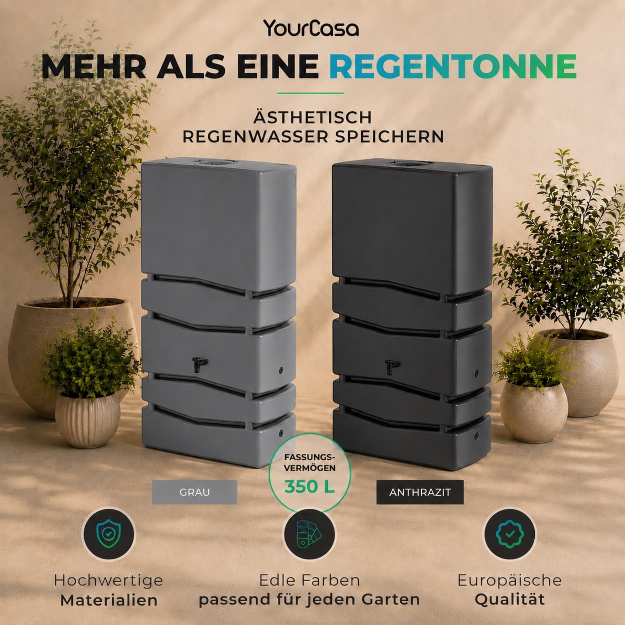 YourCasa Regentonne Eckig 350 Liter [Aqua Silo] XXL Regenfass mit Öffnung und Deckel - platzsparende Form - Frostsicher aus Kunststoff - Regenwassertonne - Regenwassertank Garten Schmal (Anthrazit)