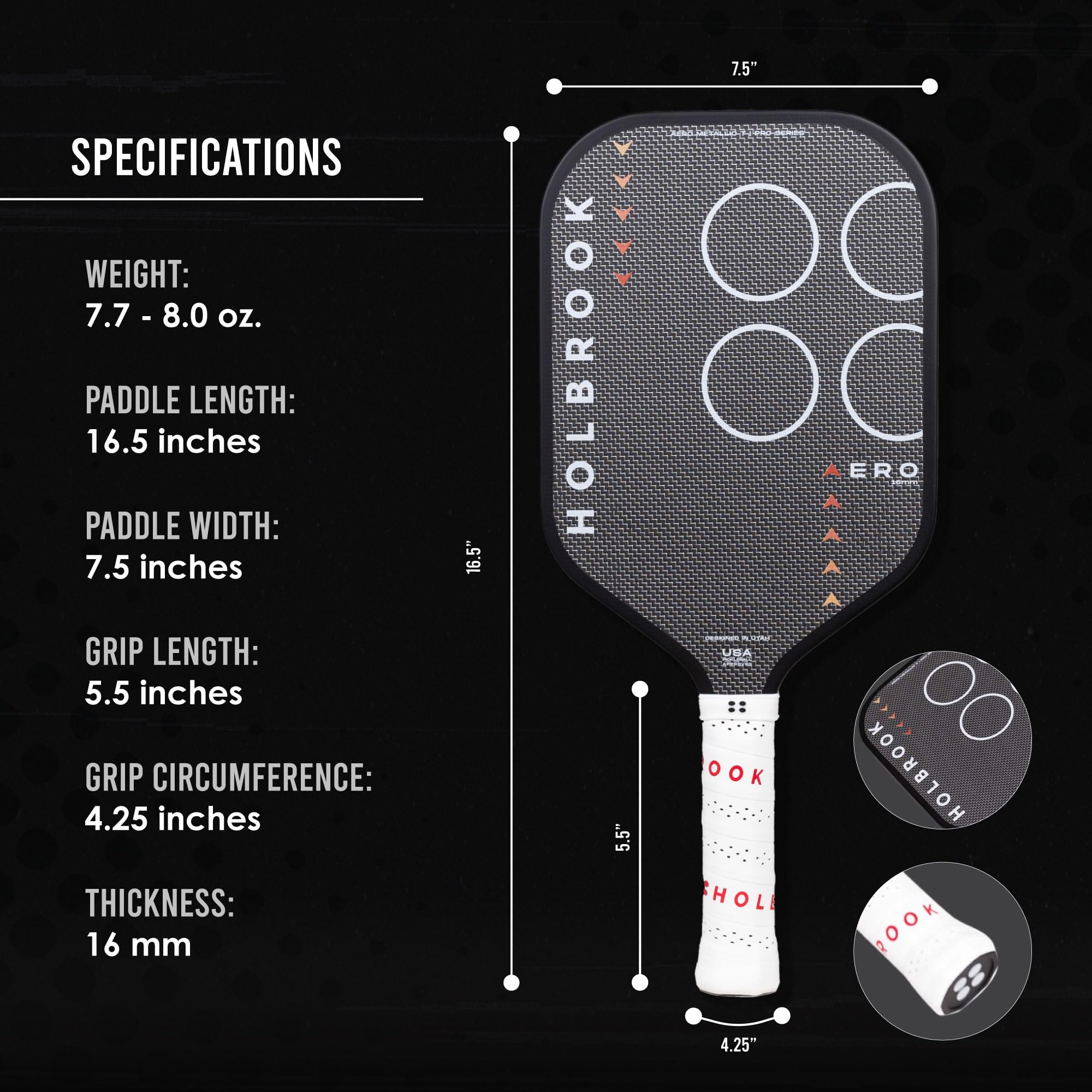 Holbrook Aero Series Edgeless Pickleball Paddle: USAPA Approved, Carbon Fiber Surface, Foam Polypropylene Core, Widened Sweet Spot, Controlled Touch