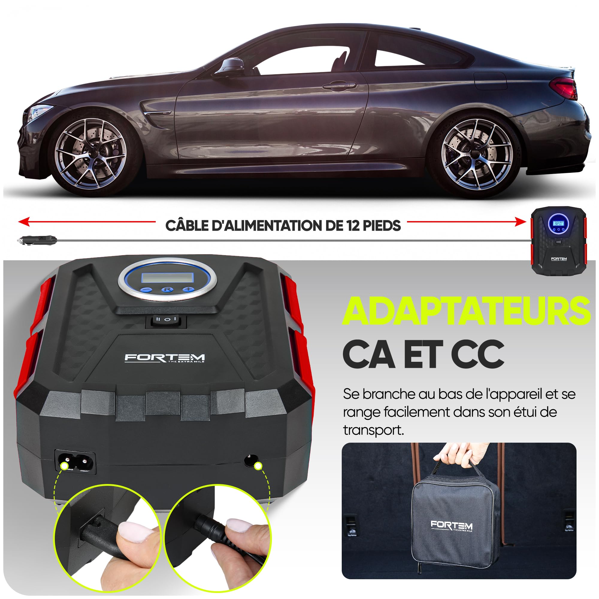 FORTEM Gonfleur pneus Voiture - Compresseur 12V - Compresseur à air portatif Automatique (150 PSI) - Gonfleur Pneu Voiture avec éclairage LED - Compresseurs d'air Portatifs - Moto & Vélo