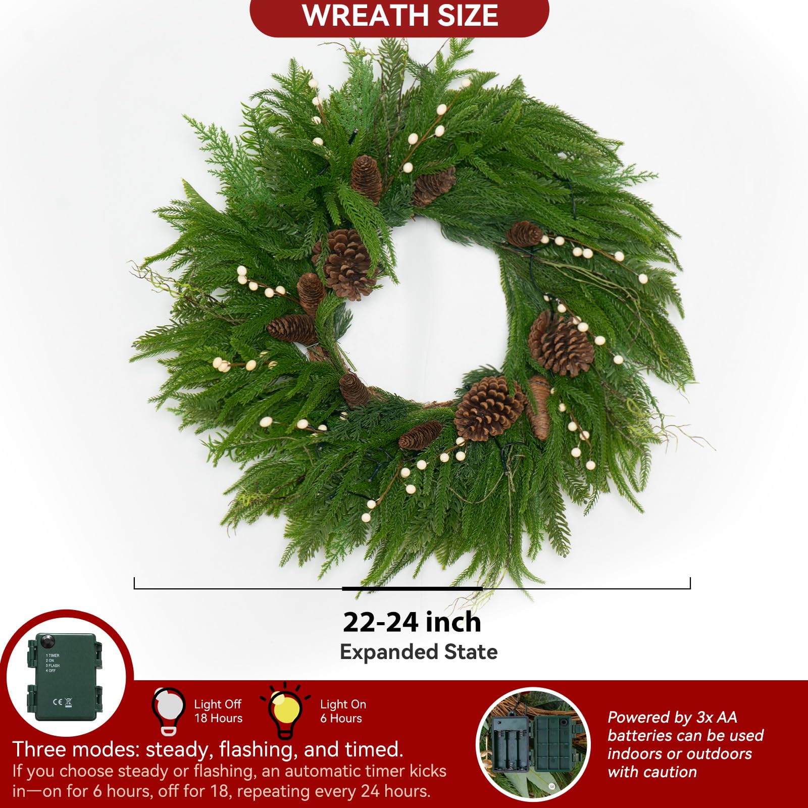 Pinkpuii Norfolk-Kranz aus Kiefernholz, groß, fühlt sich echt an, 61 cm, künstliche Weihnachtskränze für Haustür, Innen- und Außenbereich, grüner immergrüner Winterkranz mit Tannenzapfen, Beeren, Band
