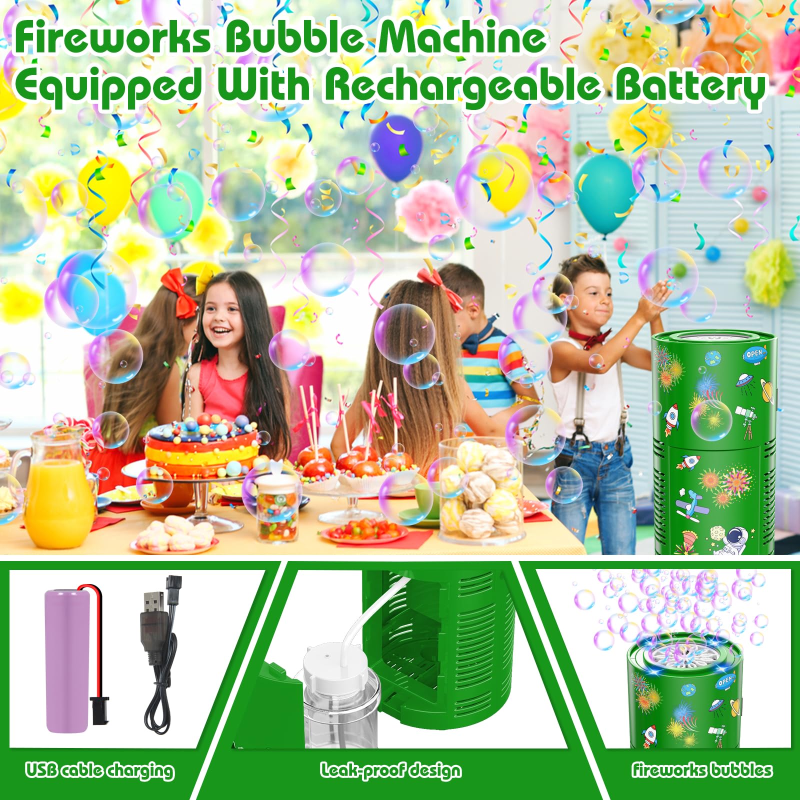 PANACARE Automatische Seifenblasenmaschine Feuerwerk Blasen Spielzeug 13 Löcher/Lichter/Weihnachtsmusik/80 ml Lösung Christmas Bubble Maker Für Kinder Zum Geburtstag Neujahr (Grün)