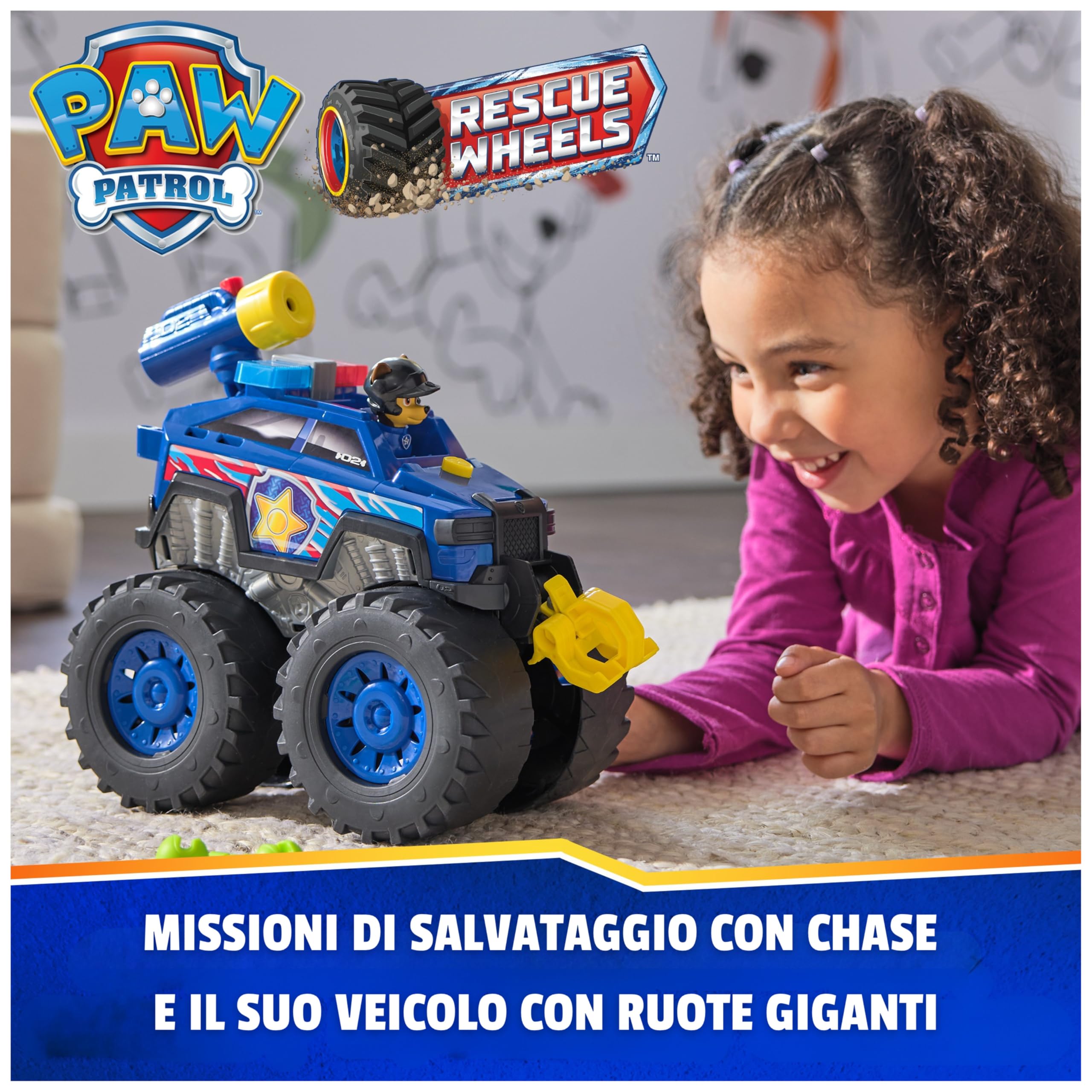 Paw Patrol: Rescue Wheels Chase Deluxe, Veicolo Giocattolo con Propulsore, Argano Motorizzato, Luci e Suoni, Giocattoli per Bambini e Bambine, 3+ Anni