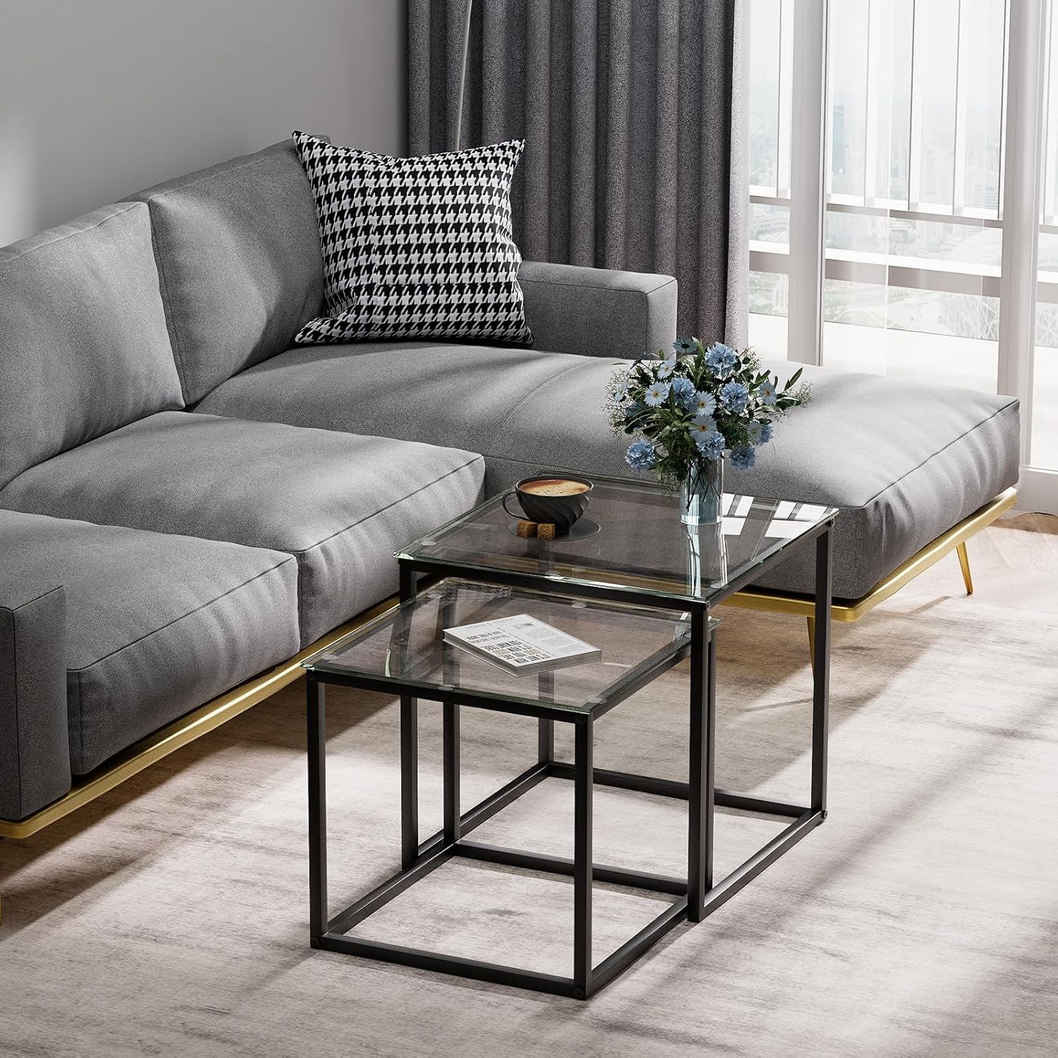 Juego de 2 mesas de centro cuadradas, salón moderno, mesa de café de cristal, auxiliar 50/45 cm, negro