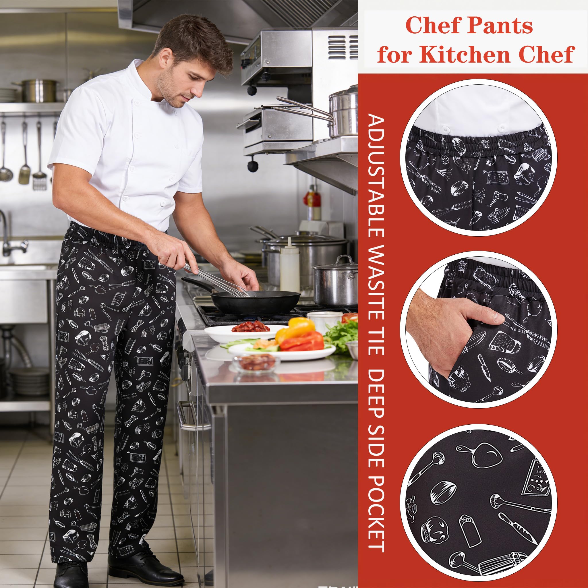 Nanxson Pantalones de Chef Holgados para Hombre, Pantalones de Trabajo Estampados con Cintura Elástica Pantalones de Chef Uniformes de Cocina para Restaurante