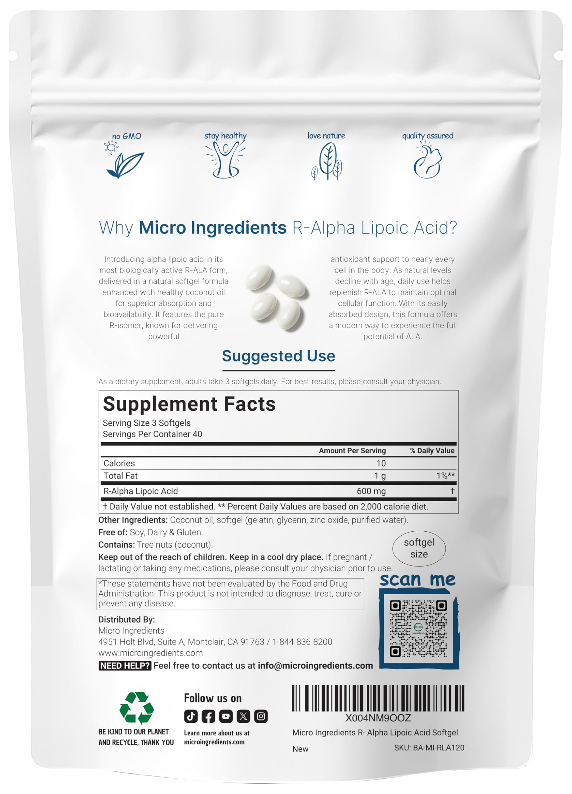 R Alpha Lipoic Acid 600mg with Coconut Oil, 120 Softgels | Highly Bioavailable Active Form | ALA Supplement for Antioxidants, Nerve, Heart, & Liver Support | Non-GMO, Gluten Free, No Soy