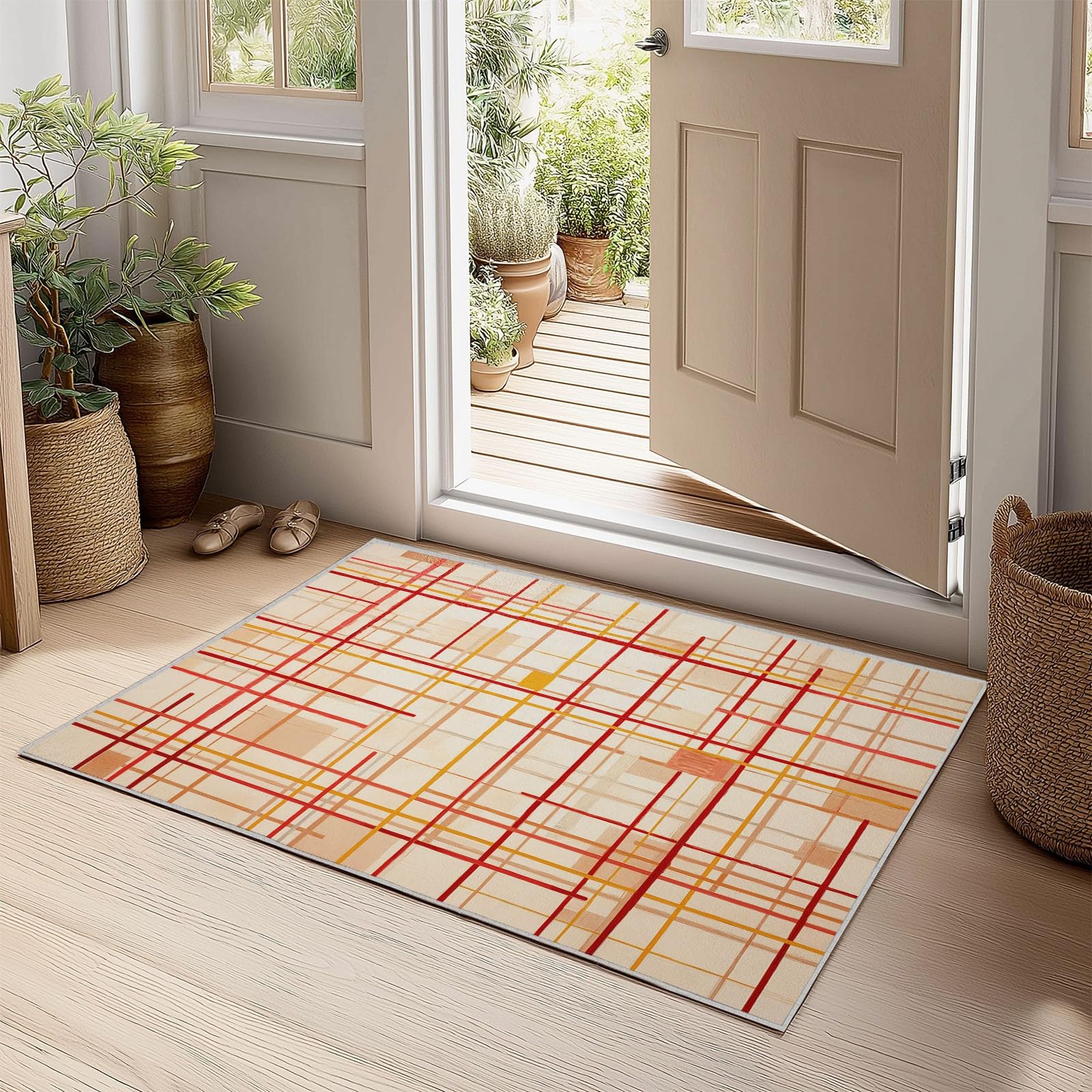 Beige Flanell Teppich 100 x 160 cm Gitterlinien Waschbarer Teppich, Geometrischer Hintergrund rutschfest Bedruckter Teppiche für Wohnzimmer Kinderzimmer Spielzimmer Esszimmer und EIN