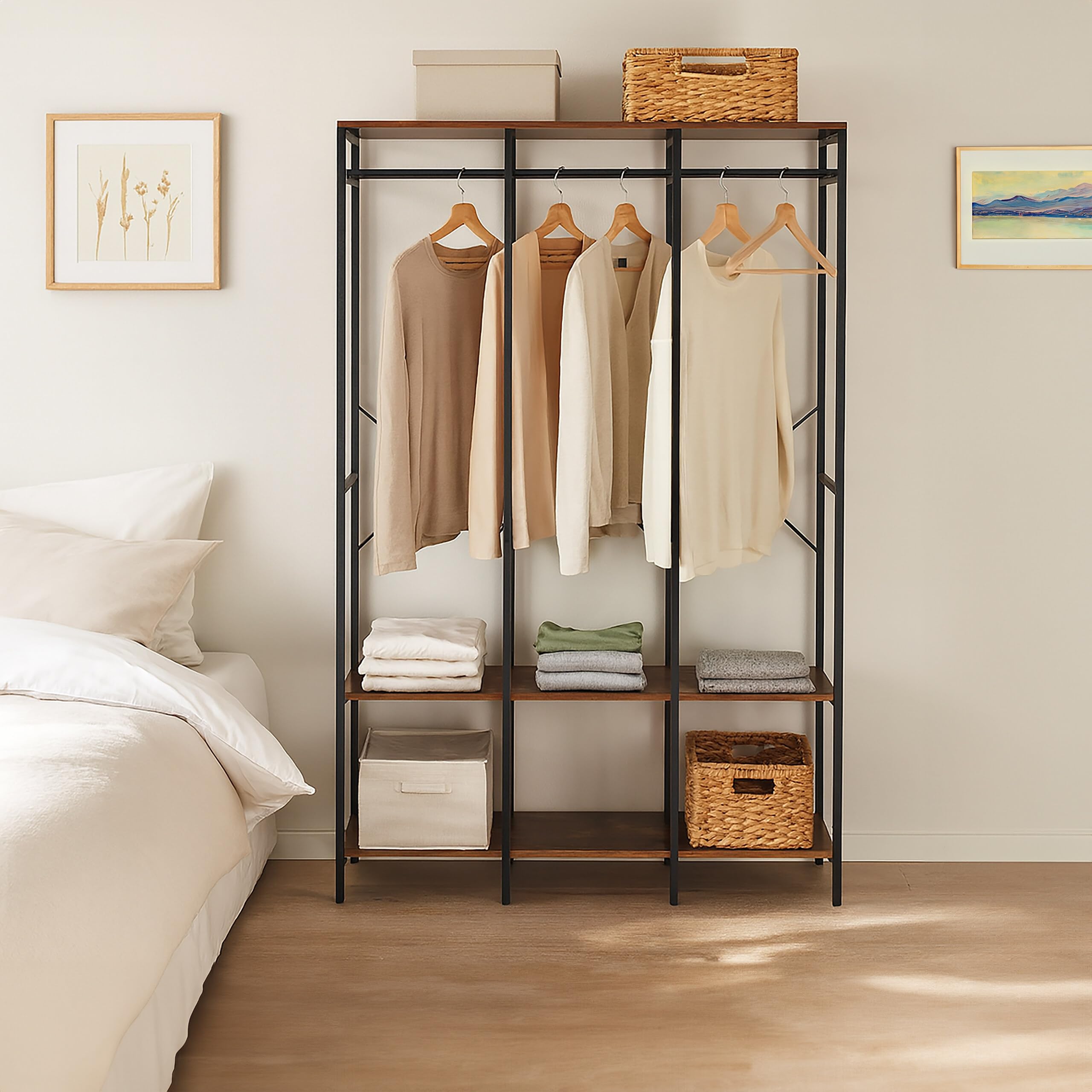 Relaxdays Armadio Aperto Appendiabiti, Guardaroba con Ripiani, Ganci e Barra, 180x141x40 cm, MDF e Ferro, Nero Marrone