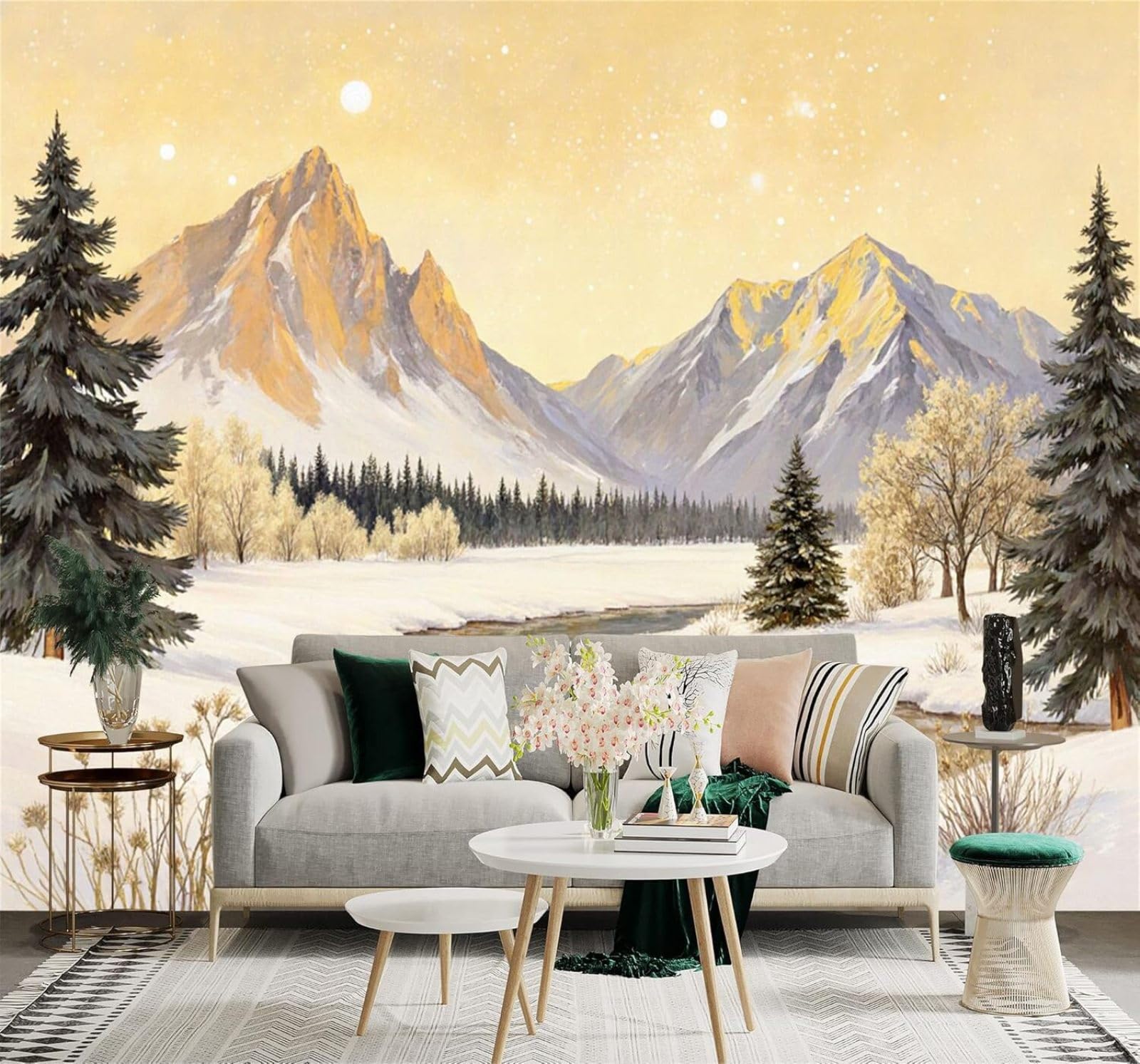 XLMING Winter Mountain Landscape Snow Covered River Pine Trees Golden Sunset Sky 3D Wallpaper Premium Textured Silk Study Dining Living Room Bedroom Sofa TV Wall Easy Install-400cm×280cm