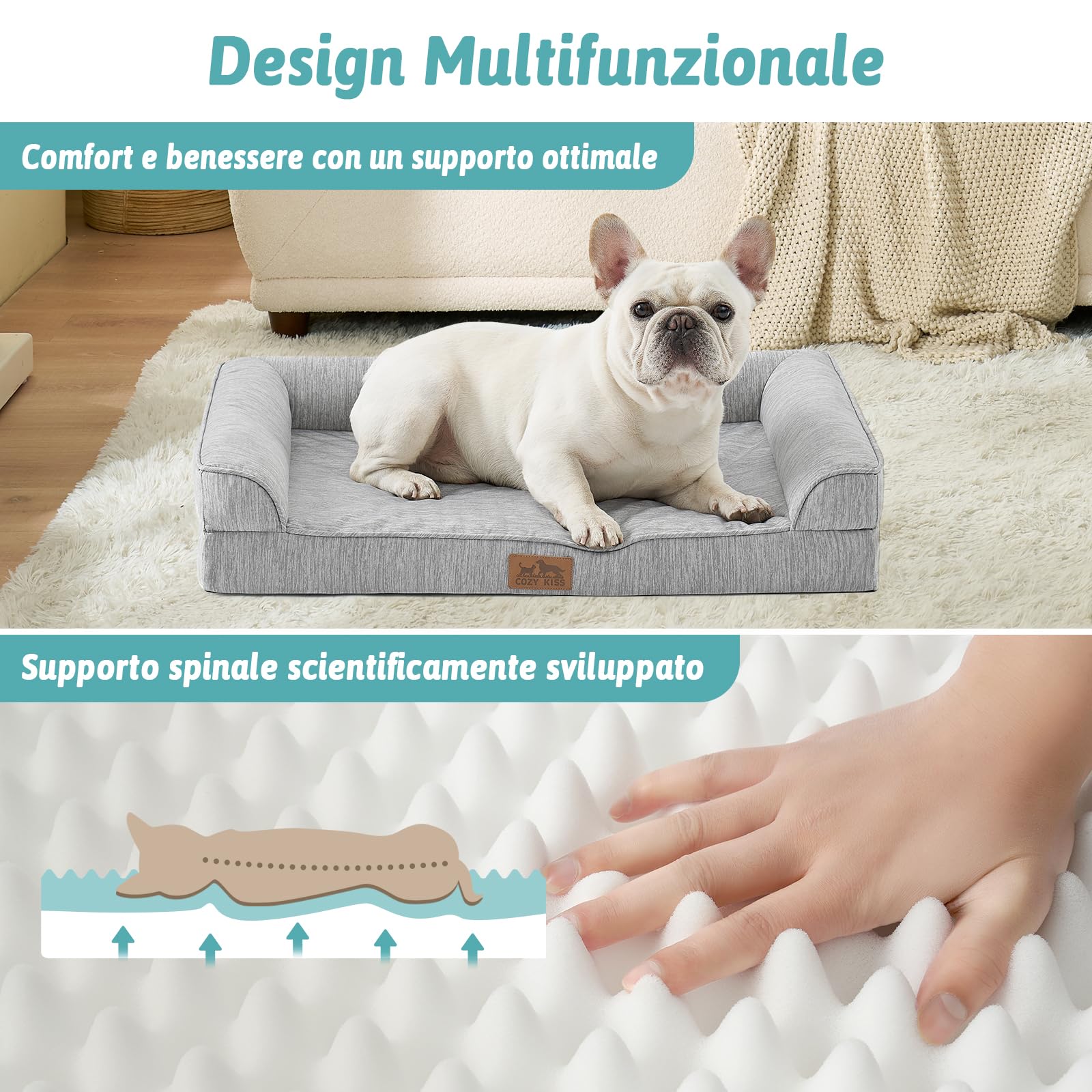 COZY KISS Letto Ortopedico e Lavabile per Cani di Taglia Gigante, 122x81x19 cm, Rivestimento Rimovibile, Fianchi Impermeabili e Base Antiscivolo - Divano Doudou Comodo per Cani, Grigio Argento, XXL