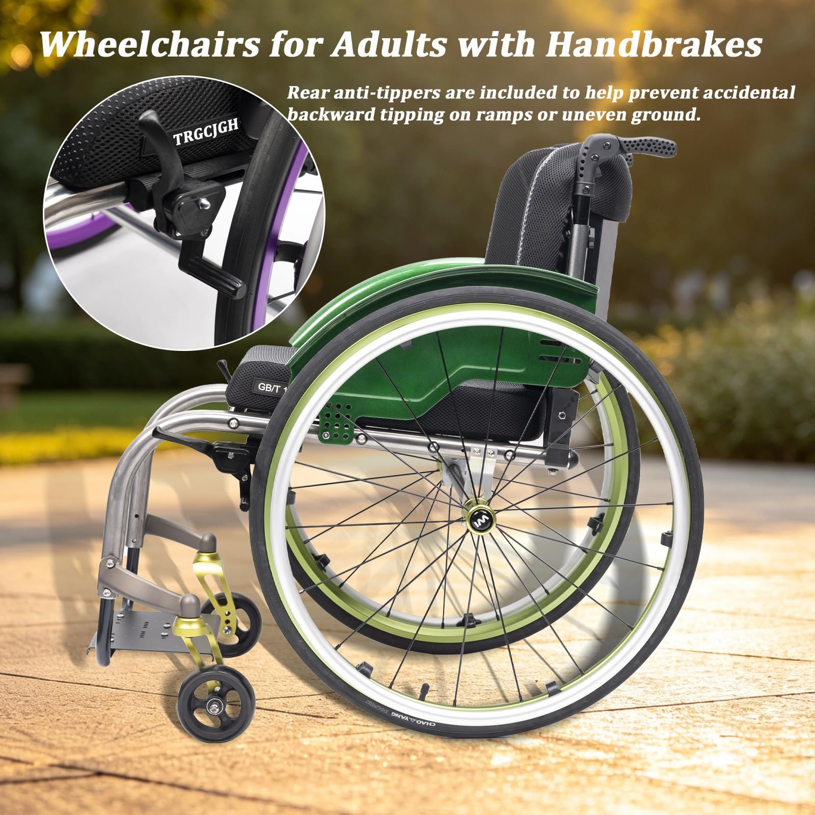 Sedia a Rotelle Autospinta Leggera (10.8 kg), Carrozzina per Disabili,da transito, Freno manuale,Poggiapiedi(Green,14.9in Seat Width)