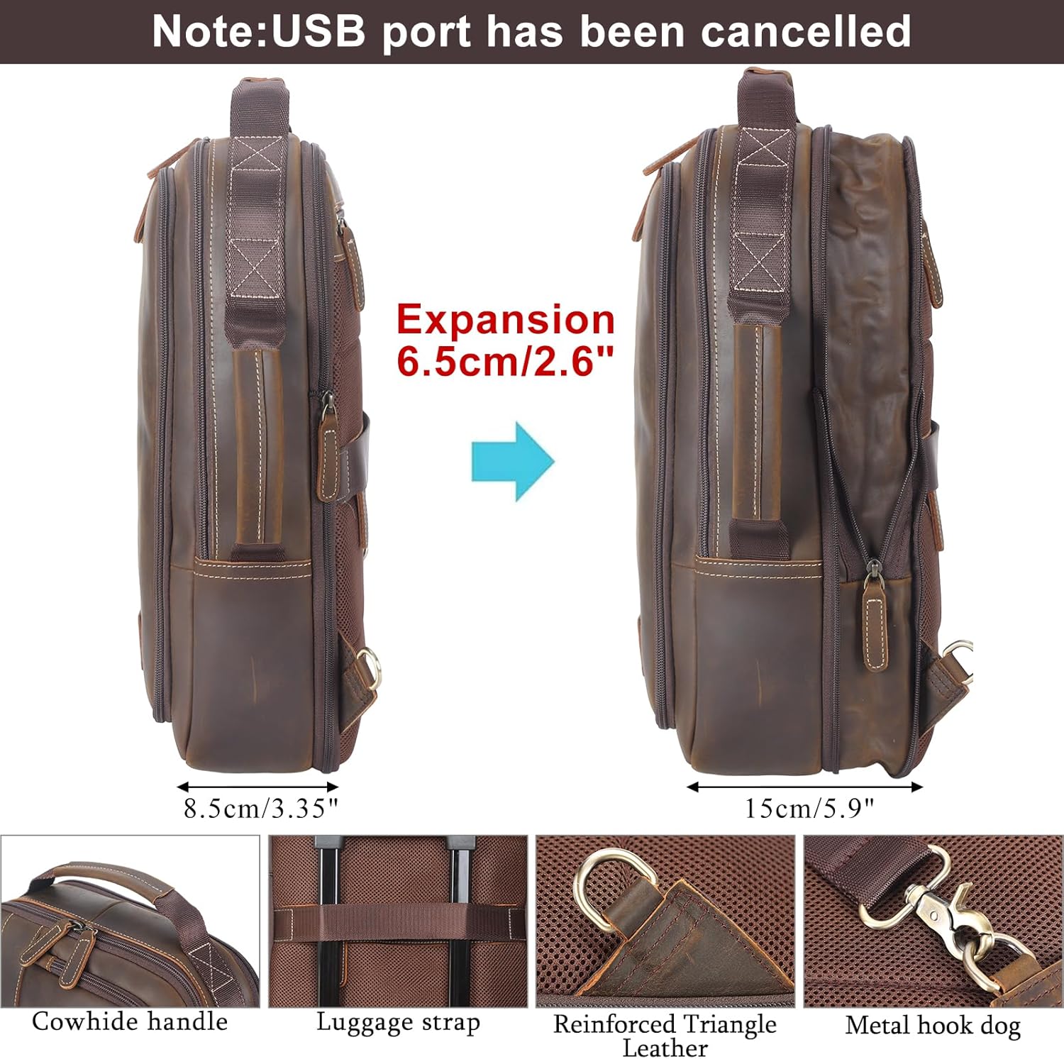 Masa Kawa Leather 15.6" Laptop Backpack for Men Convertible Briefcase Backpacks Expandable Vintage Business Work Travel Rucksack Daypack, Light Brown - Image 2