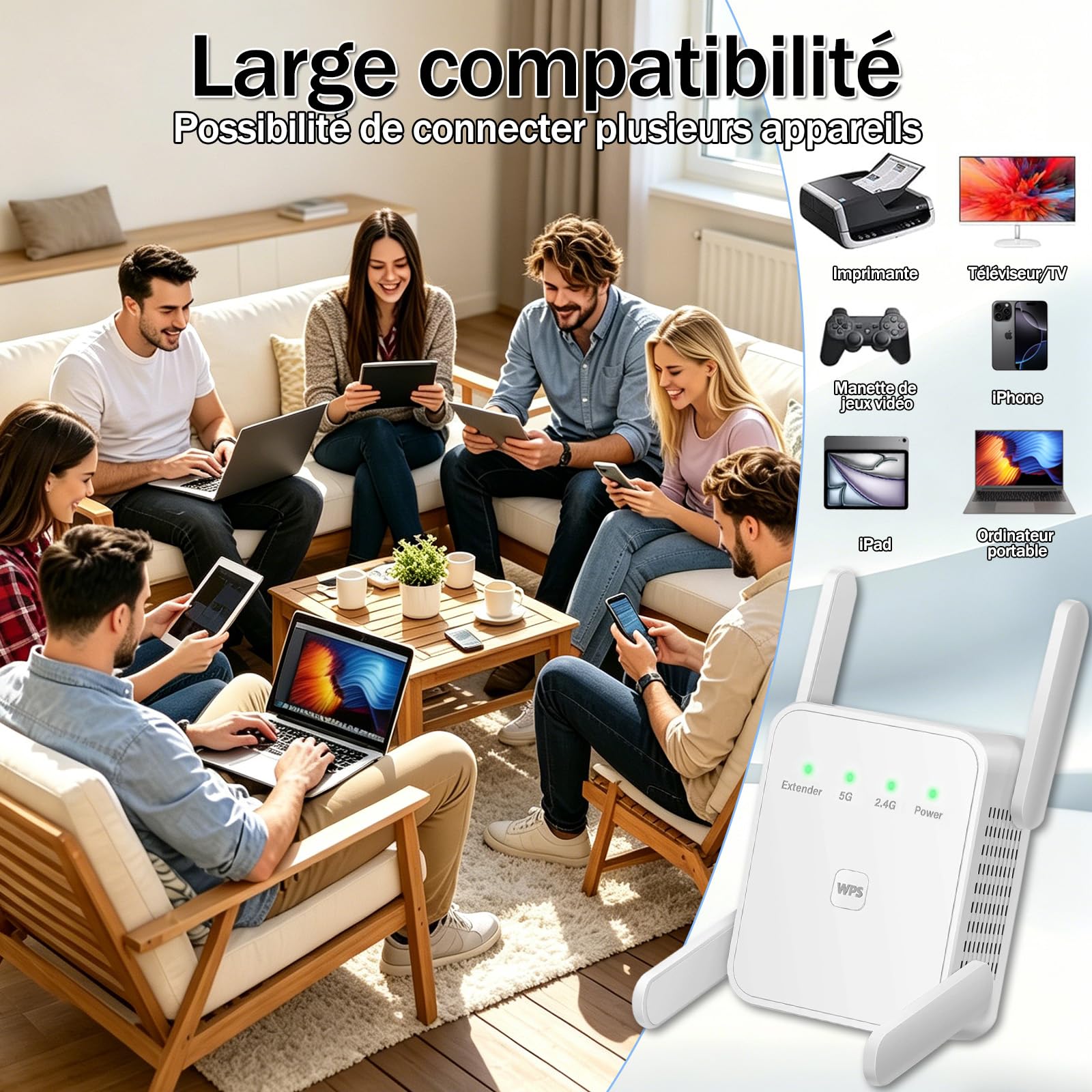 Répéteur WiFi 1200Mbps, Puissant WiFi Booster Double Bande 5GHz & 2.4GHz | Configuration WPS en un clic,4 antennes pour une couverture de 12 880 m², installation simple, parfait pour le télétravail