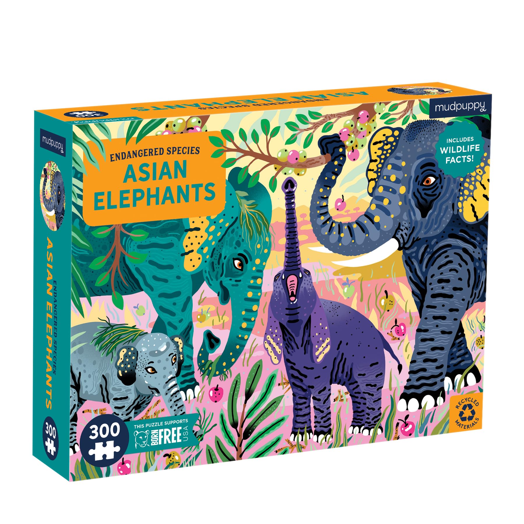 Asian Elephants Endangered Species 300 Piece Puzzle for Kids | Ages 8+, Includes Wildlife Facts, 1% Donated to Born Free USA, Family Fun, Screen-Free Play, Recycled Paper, 24" x 18"