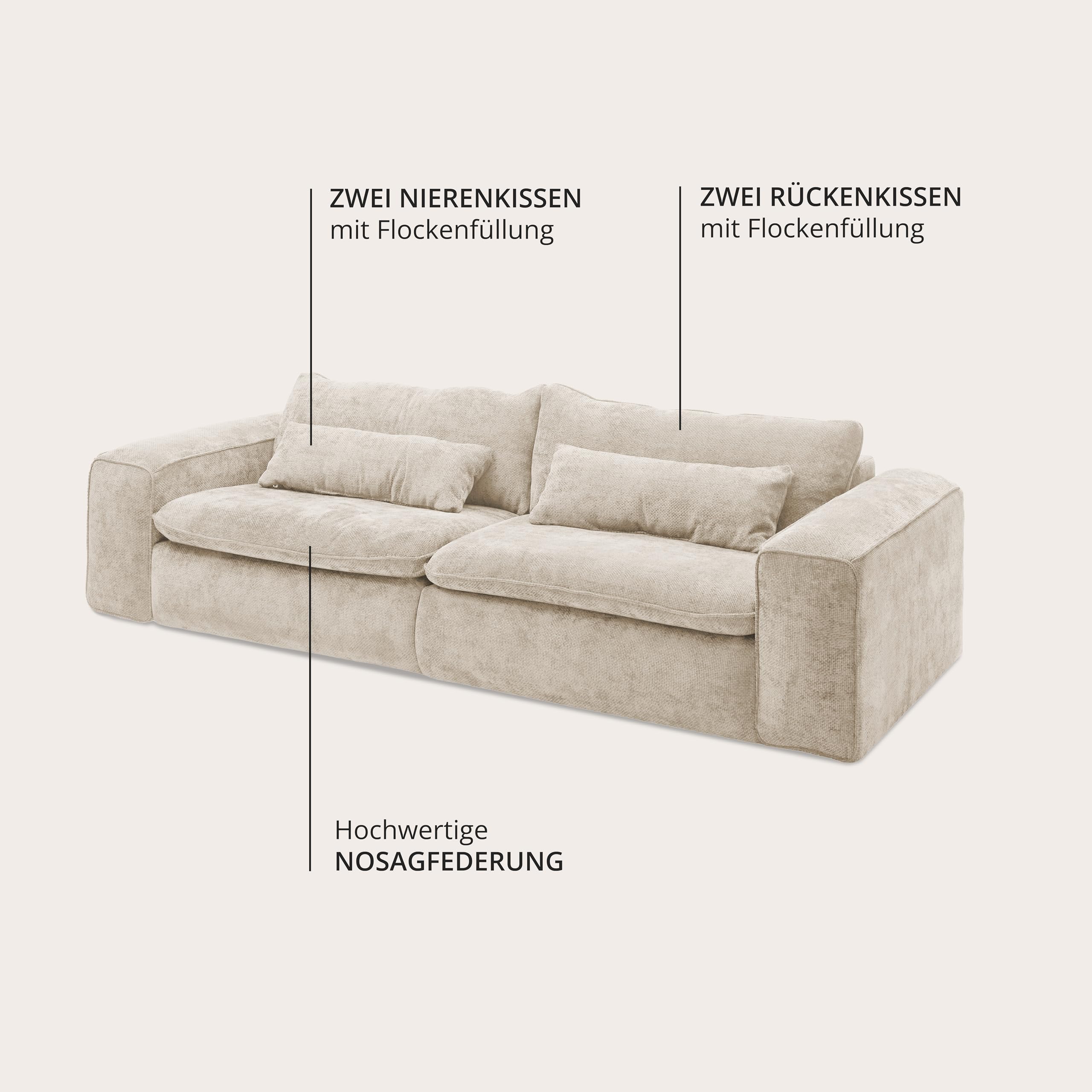 Big Sofa 300 cm breit, Modell Vince, Tiefe Sitzfläche, pflegeleichter Stoffbezug, Nosagfederung, Rücken echt bezogen, mittlere Sitzhärte, inkl. 2 Rückenkissen, 2 Nierenkissen, Beige