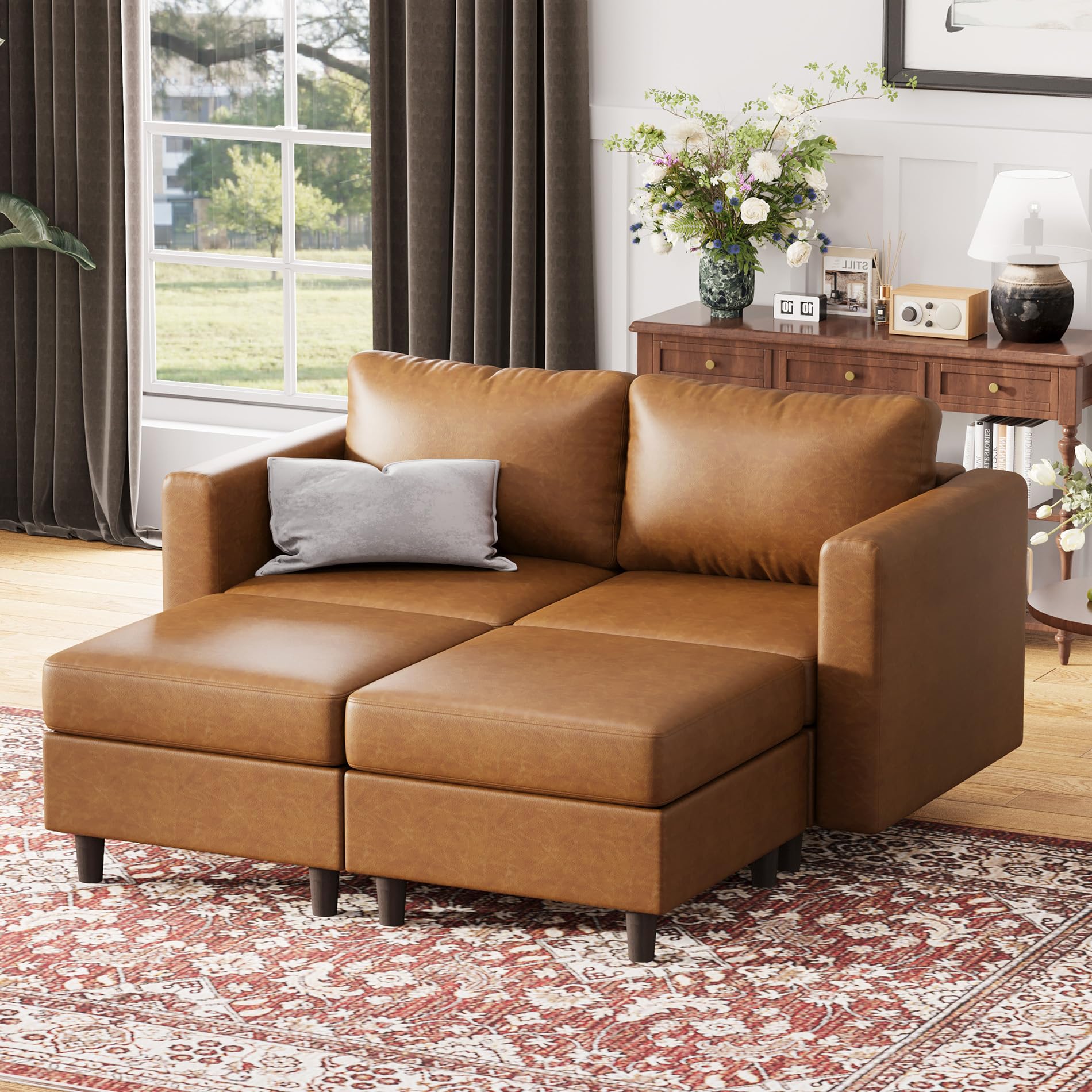 ABCASA 64.6" Faux Leather Loveseat Sleeper Sofa Bed with Storage Seat, Modern Modular Sectional Couch Deep Seat with Reversible Chaise 2-Seat Brown