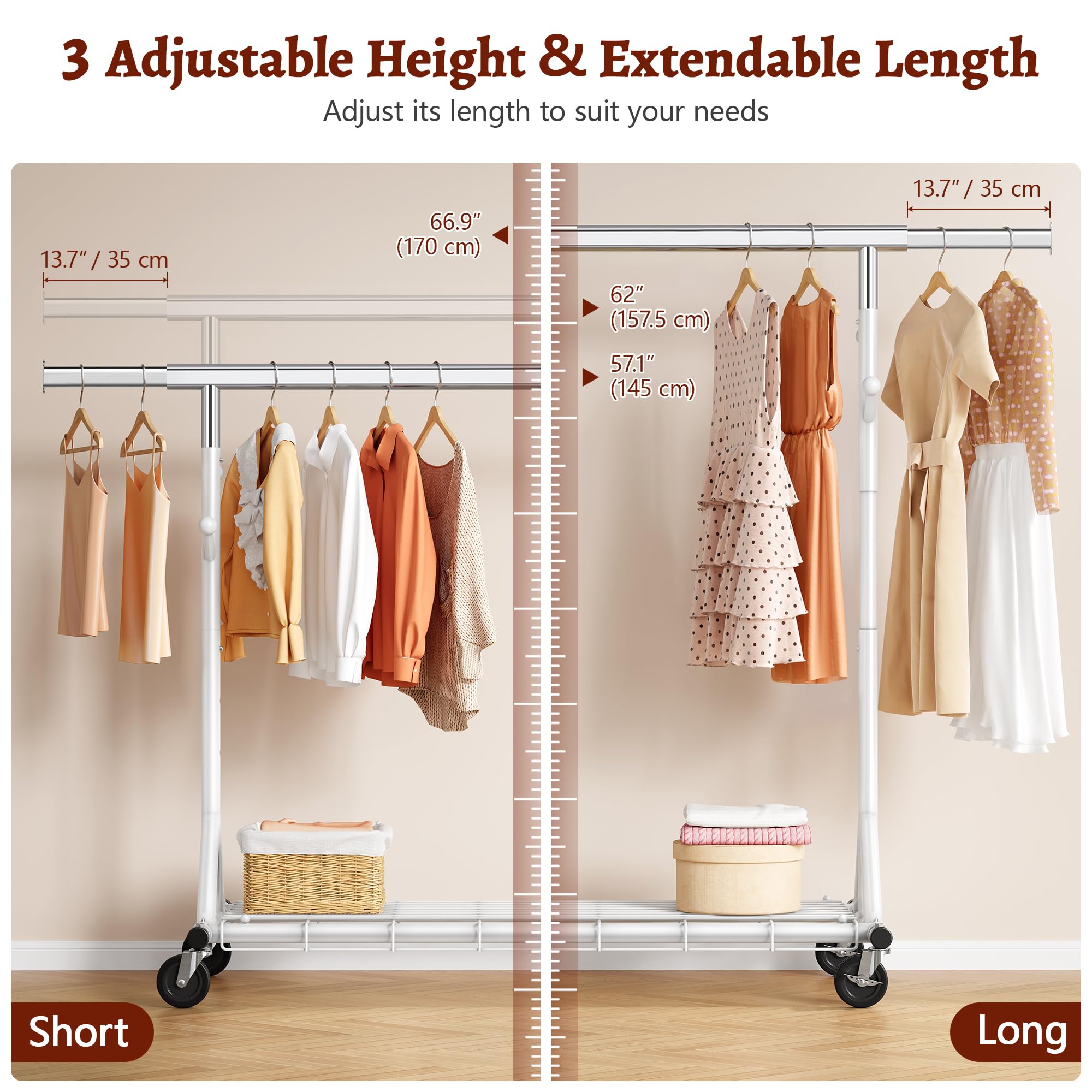 FAVOOSTY Perchero de ropa resistente, Extensible y ajustable, Perchero con ruedas y estantes bloqueables para dormitorio, Sala de estar, Hasta 150 kg, Blanco