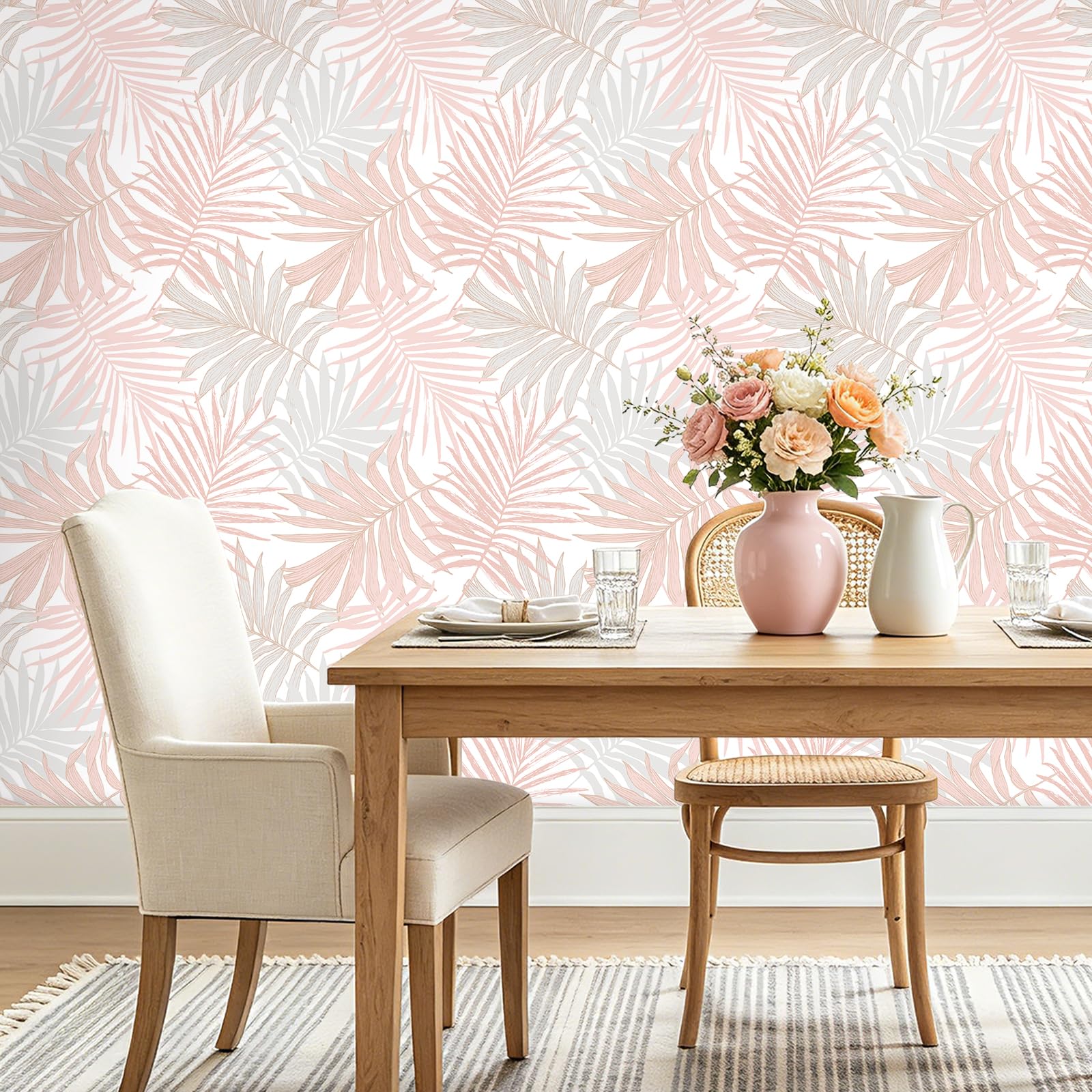 FunStick 44.5CMx9M Papel Pintado Autoadhesivo Pared Hojas Palmera Rosa Papel Adhesivo para Muebles Dormitorio Salón Hojas Acuarela Rollo Vinilo Autoadhesivo Cocina Vinilos para Puertas Armarios Rosa