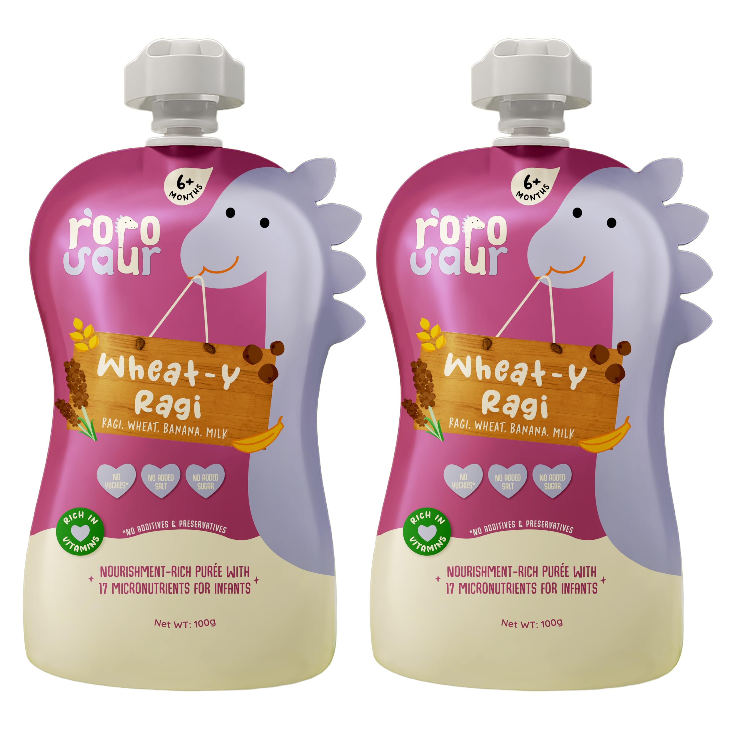 Rorosaur Baby Food Puree Pouch | Ragi, Wheat, Banana Porridge in Pouch for 6+ Months Baby |Easy to Digest, 100% Natural Healthy Ready to Eat, No Preservatives, No Sugar, No Salt | 100g each, Pk of 2-image-29