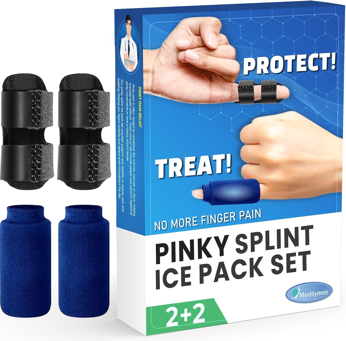 Férula Pinky y paquete de hielo (juego de 2+2) Juego de alivio del dolor con férula para dedo Pinky | No más dolor en el meñique, aparato ortopédico para la artritis, dedo en mazo, niños, se adapta al pulgar, anillo, meñique y meñique