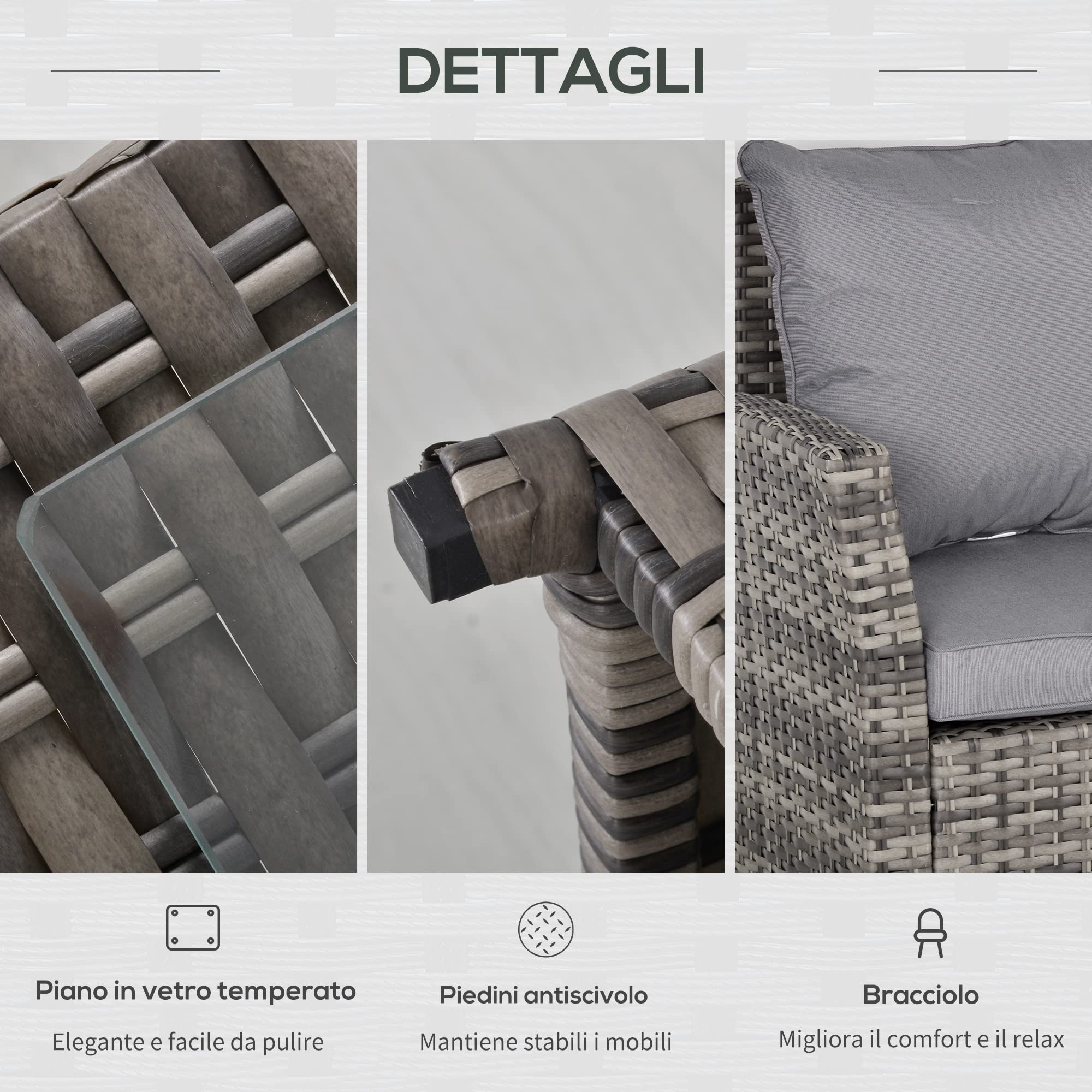 Outsunny Salotto da Giardino Set 3 Pz con 2 Divani da Esterno Grigio