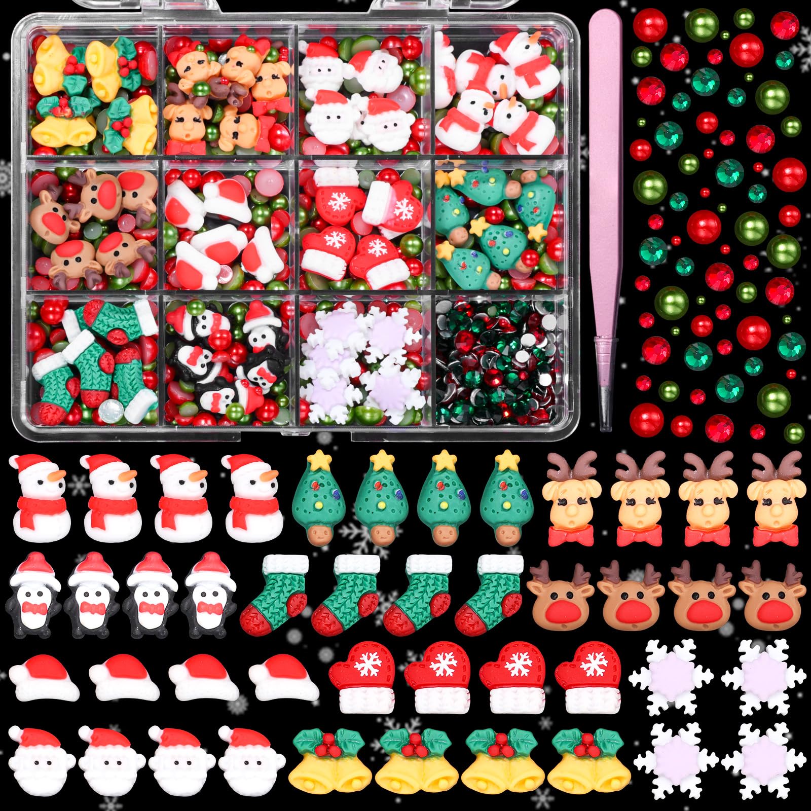 Christmas Nail Art Charms and Nail Rhinestones, 3D Christmas Resin Candy Nail Charms, Flatback Pearls Santa Claus Snowman Socks Elk Christmas Tree