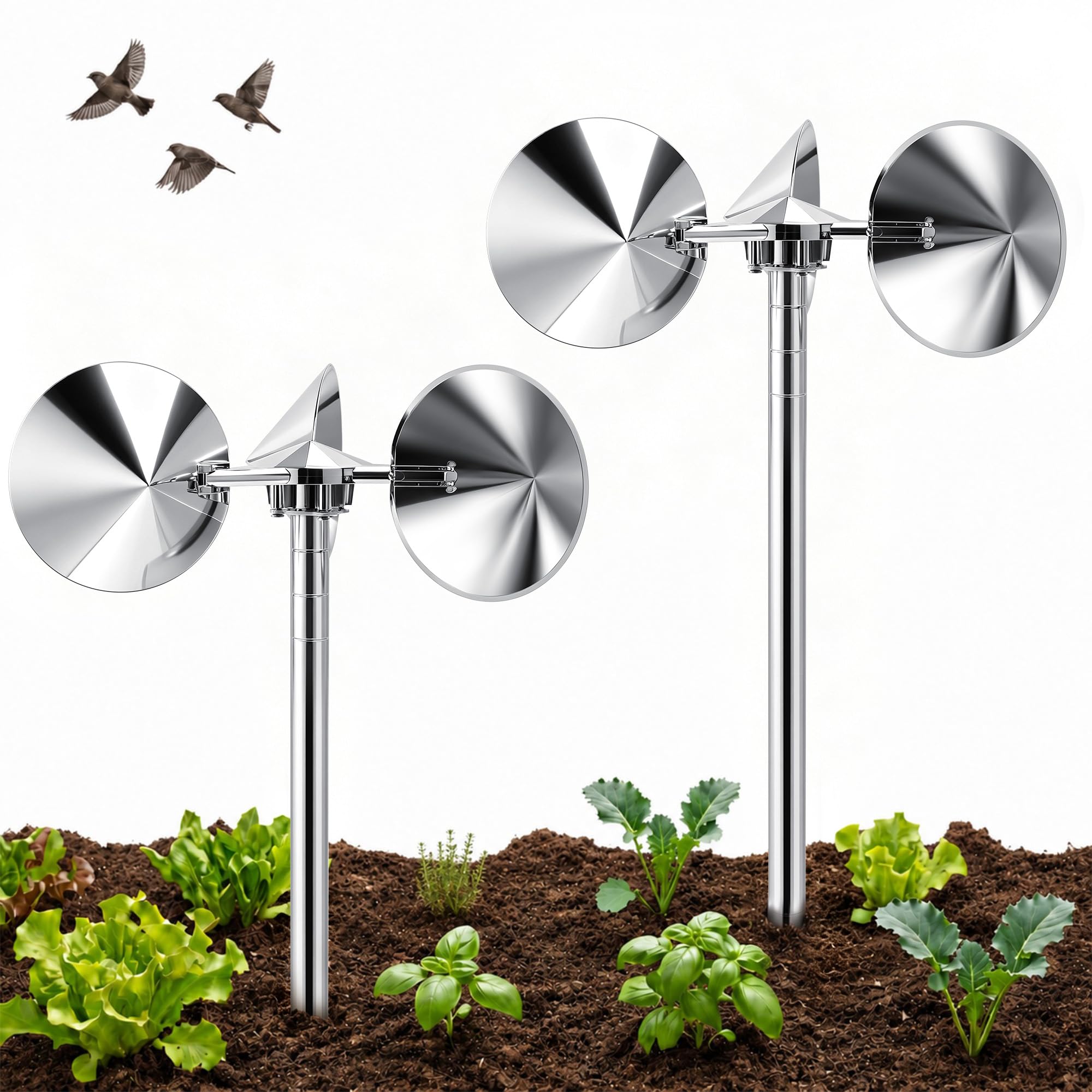 Reflektierende Vogelabwehrpfähle, windbetriebenes Aluminium, Vogelabwehr, für draußen, humane Abwehr aller Vögel, Tauben, Spatzen, Spechte für Hof und Garten, verstellbarer Hals, 2 Stück