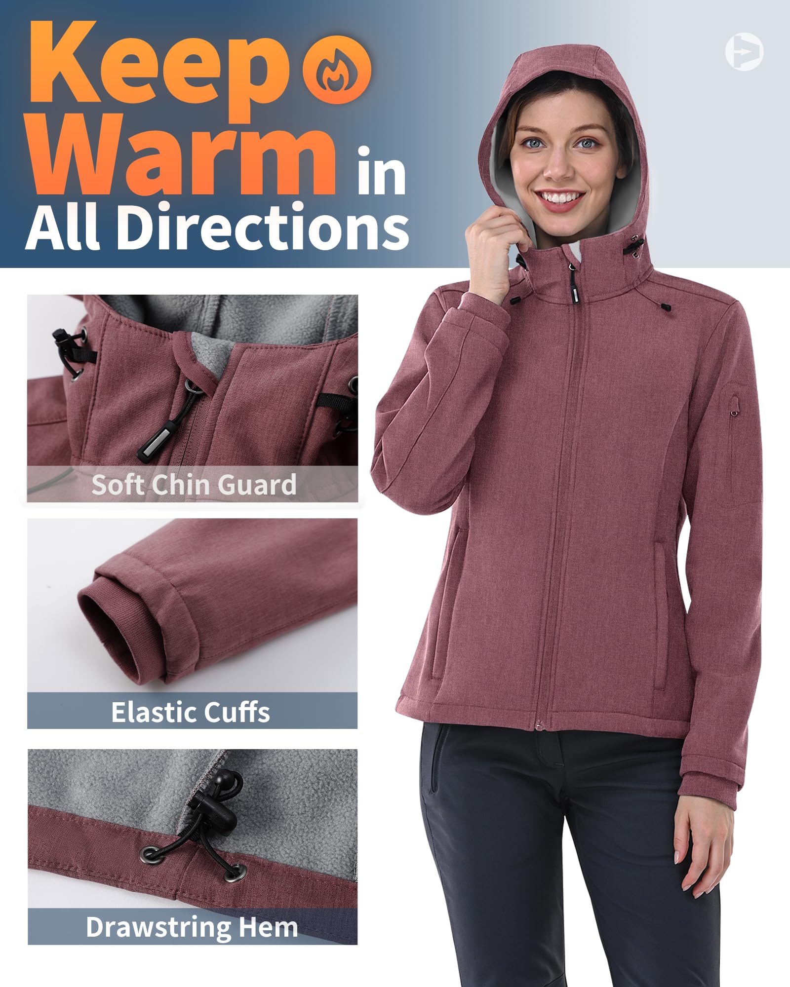 Outdoor Ventures Veste softshell imperméable et respirante pour femme - Veste demi-saison coupe-vent - Veste fonctionnelle avec capuche