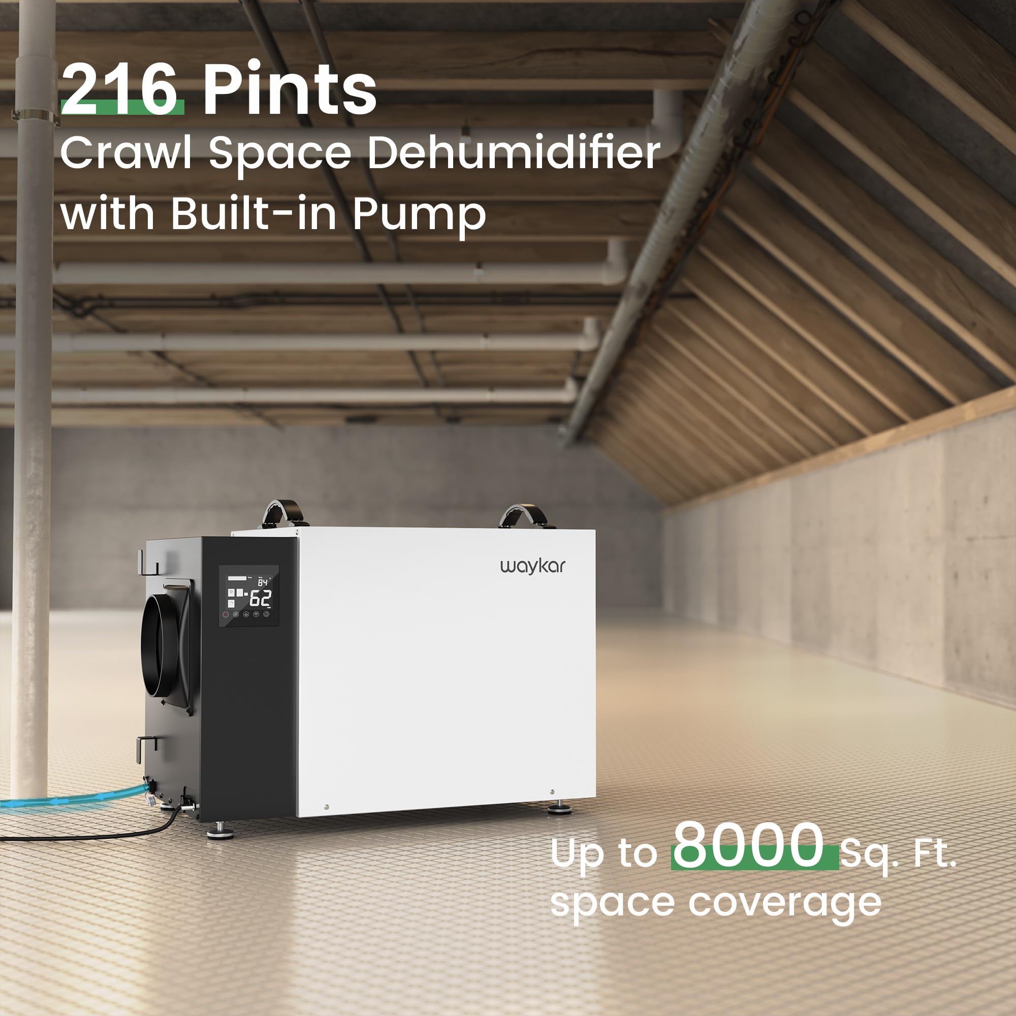 waykar 216 pint commercial dehumidifier with pump and drain hose for crawl spaces, basements, ducted industrial use, and water damage unit, for spaces up to 8000 square feet, smart humidity control
