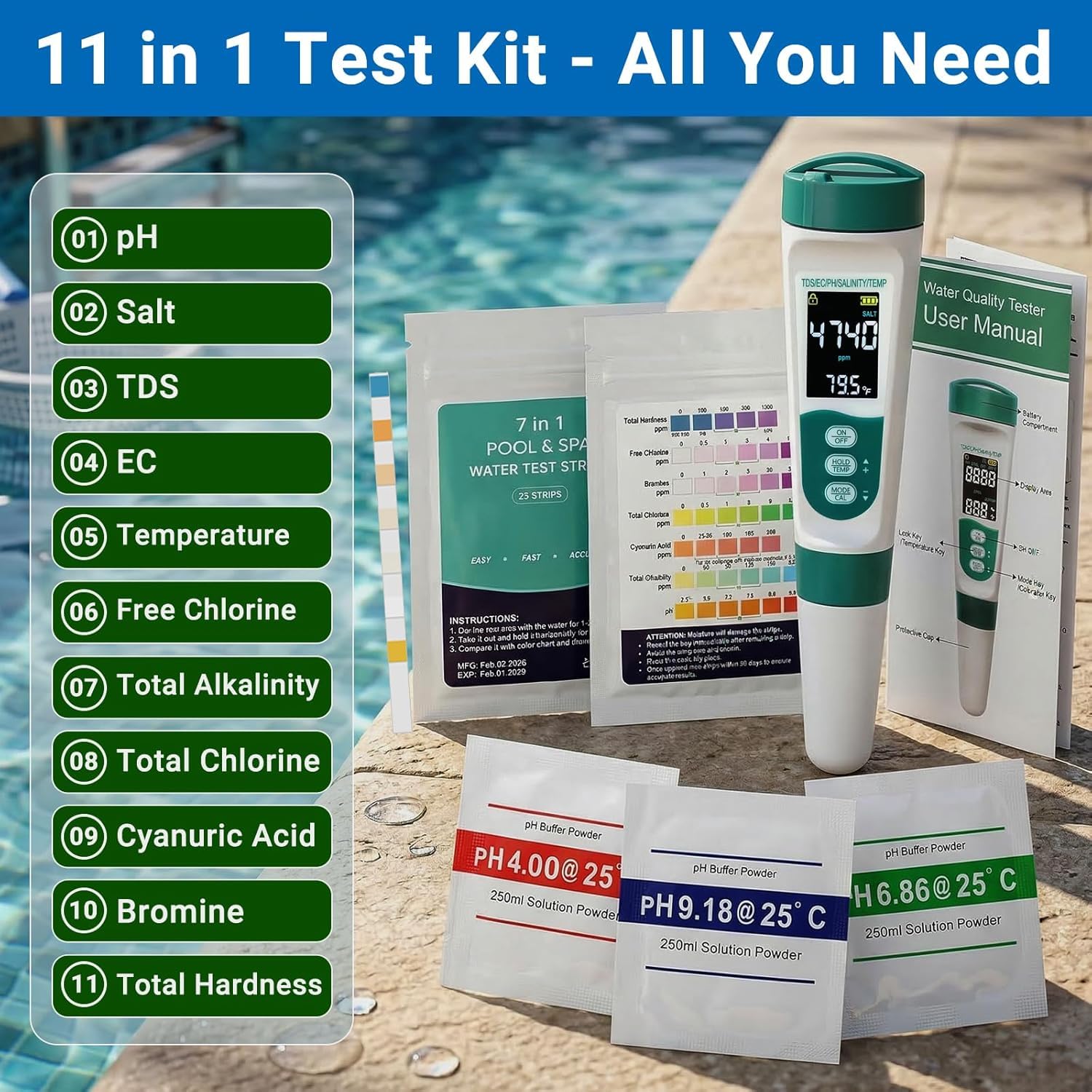 Condition photo showing New/Like New for 11-in-1 digital pool water tester kit including 5-in-1 salt tester for saltwater pool & 7-in-1 pool test strips(50 strips), test ph salinity tds ec temp chlorine bromine alkalinity hardness
