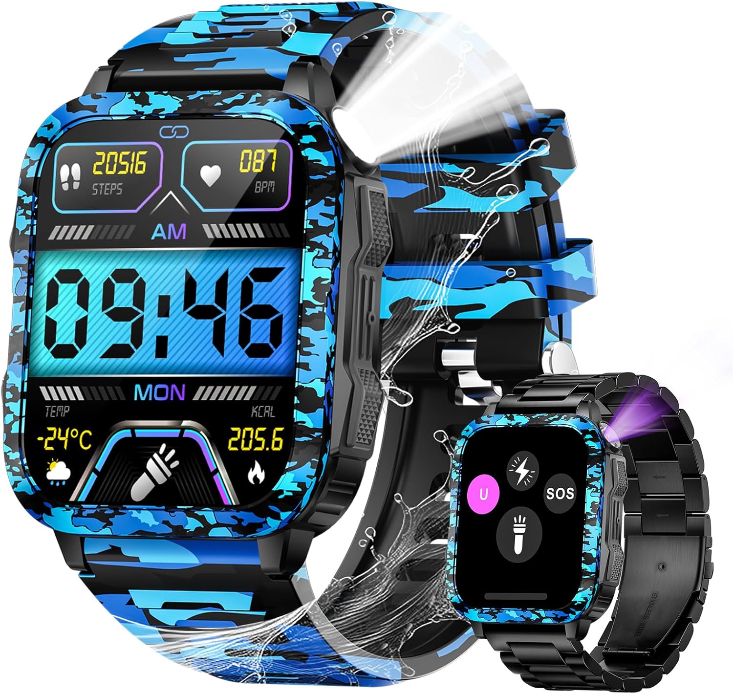 Military Smart Watch for Men with LED Flashlight/UV Light 1.96″ Big Screen Rugged Tactical Smartwatch 3ATM Waterproof Fitness Tracker with HR/Sleep Monitor for iPhone Android (Two Watch Bands)