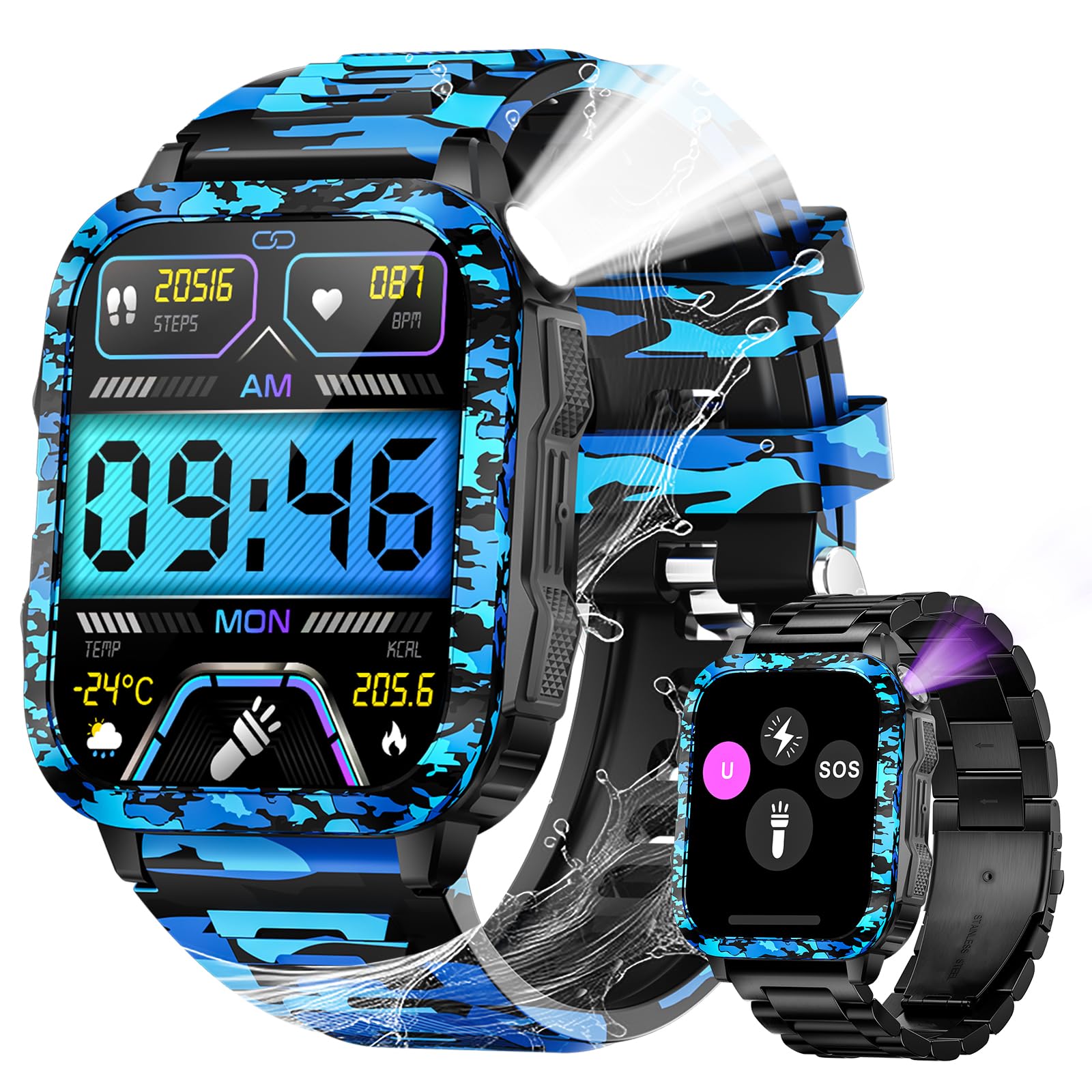 Military Smart Watch for Men with LED Flashlight/UV Light 1.96" Big Screen Rugged Tactical Smartwatch 3ATM Waterproof Fitness Tracker with HR/Sleep